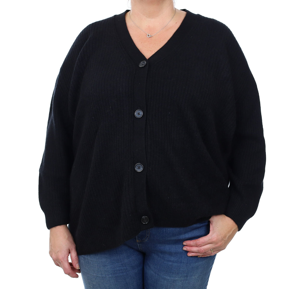 Black Chunky Ribbed Cashmere V Neck Cardigan XL