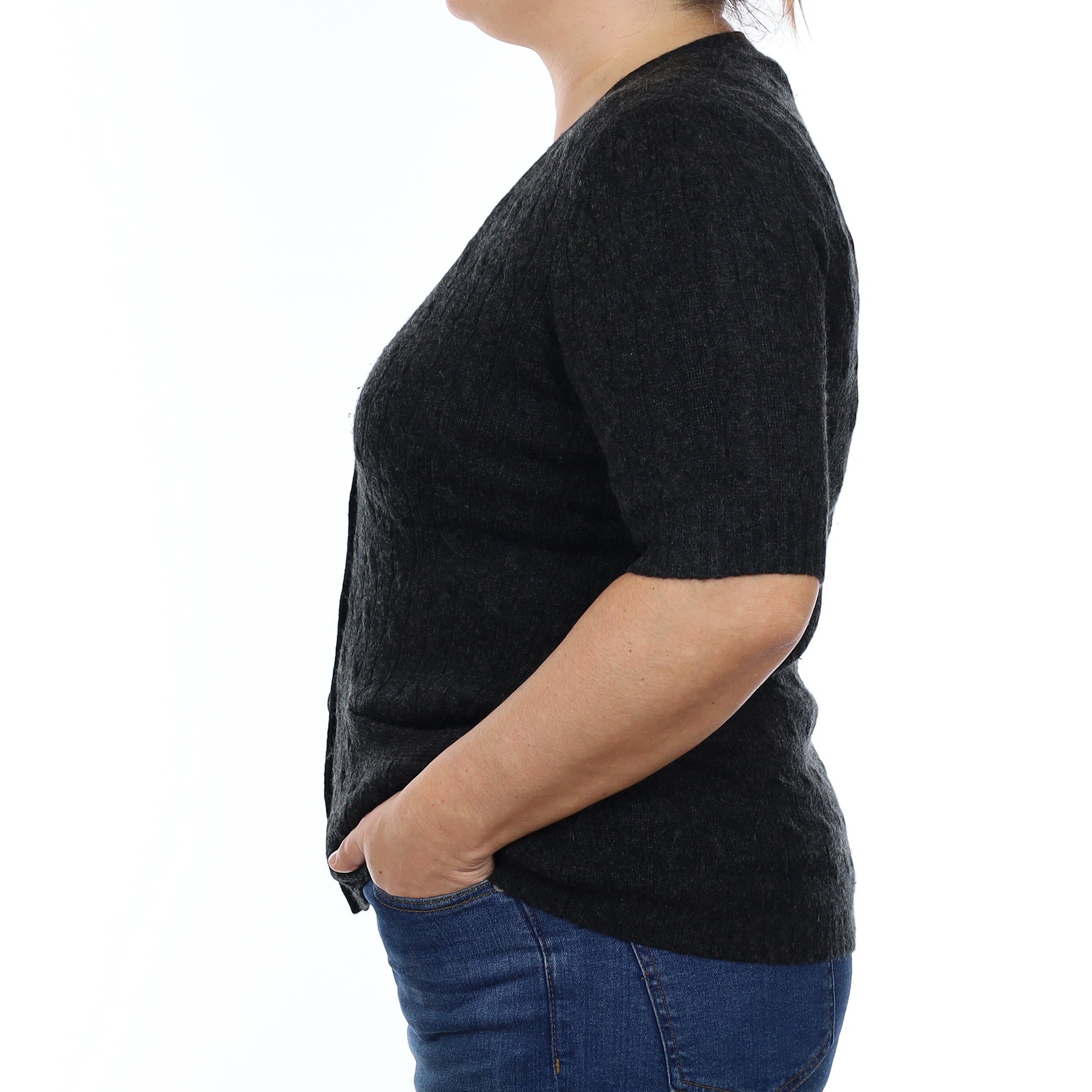 Ralph Lauren Charcoal Cable Cashmere Short Sleeve V Neck Cardigan Large