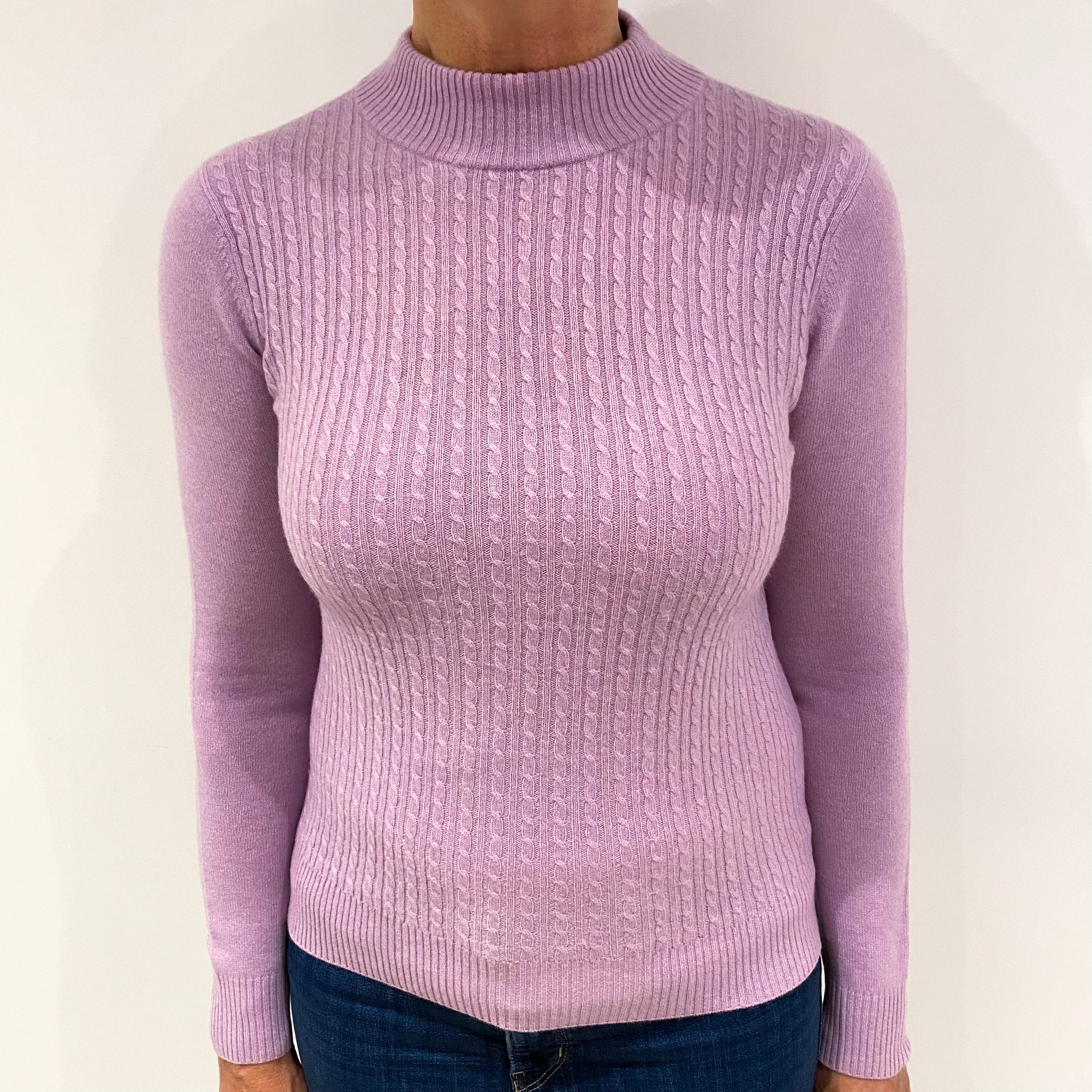 Lilac Purple Cable Cashmere Turtle Neck Jumper Medium