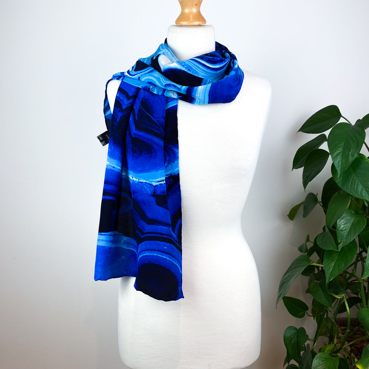Cobalt Blue Abstract Long Silk Scarf