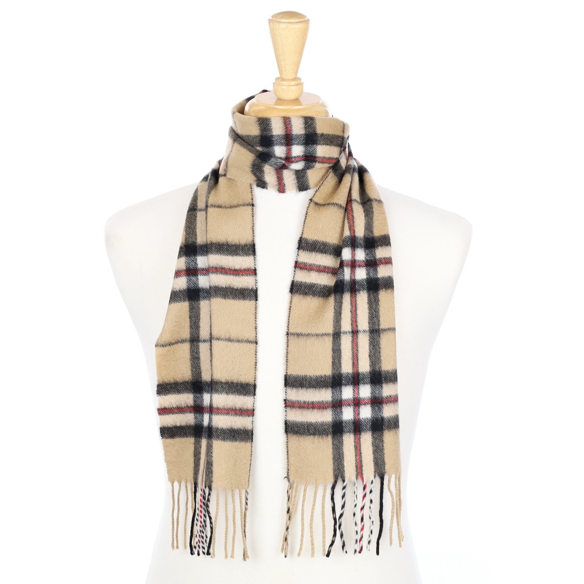 Sand and Black Checked Cashmere Fringed Woven Scarf