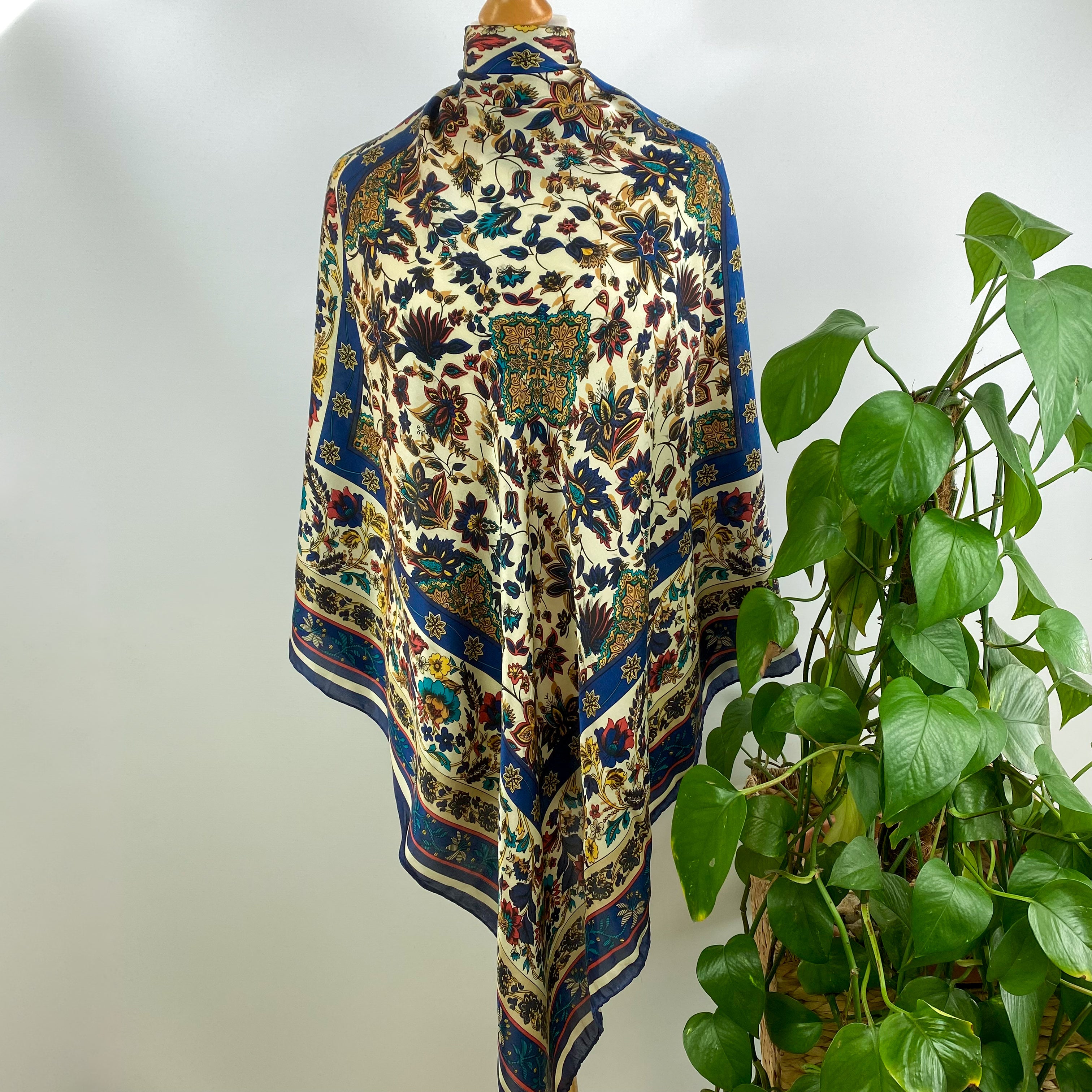 Cream and Navy Floral Silk Scarf