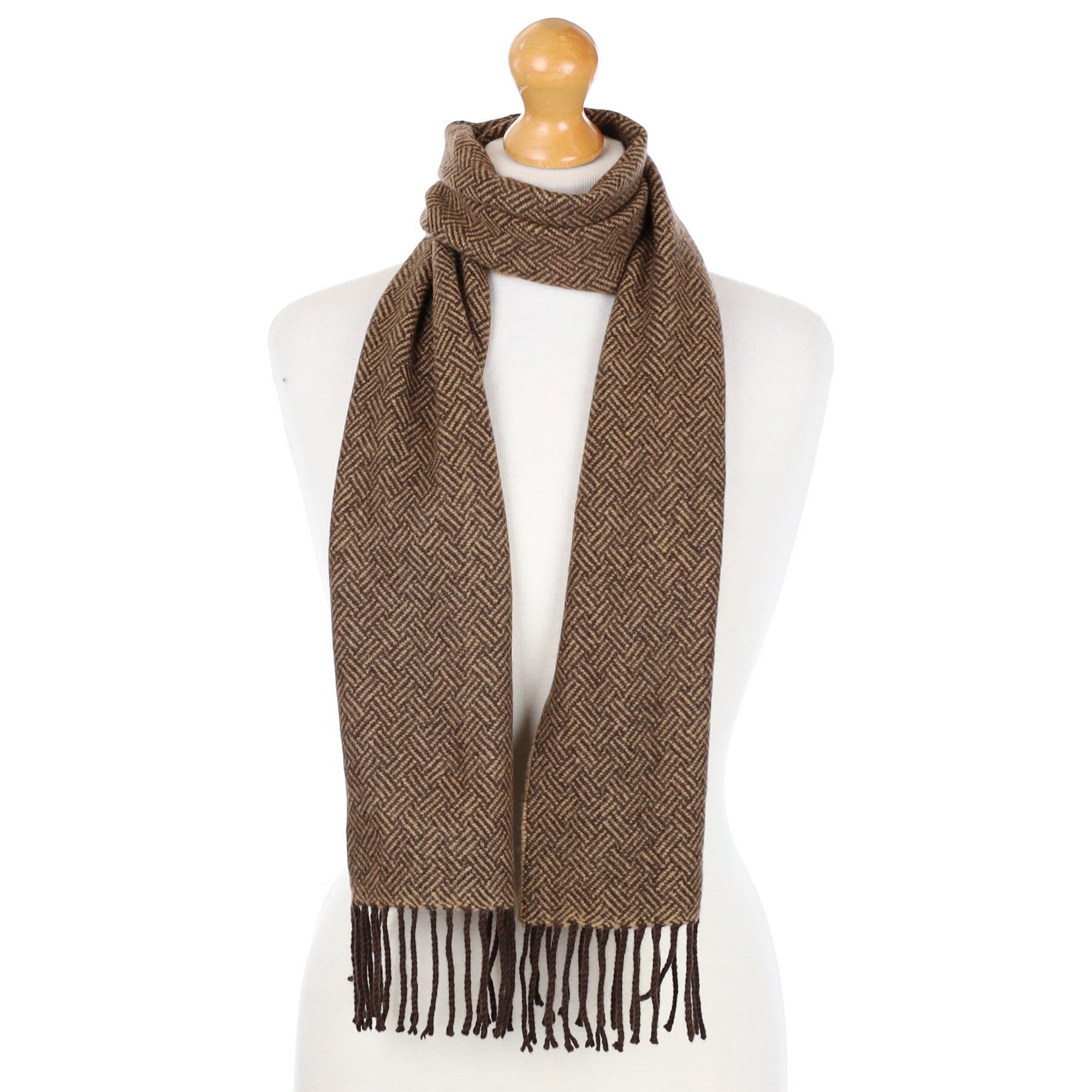 Tan and Brown Basket Weave Cashmere Fringed Woven Scarf