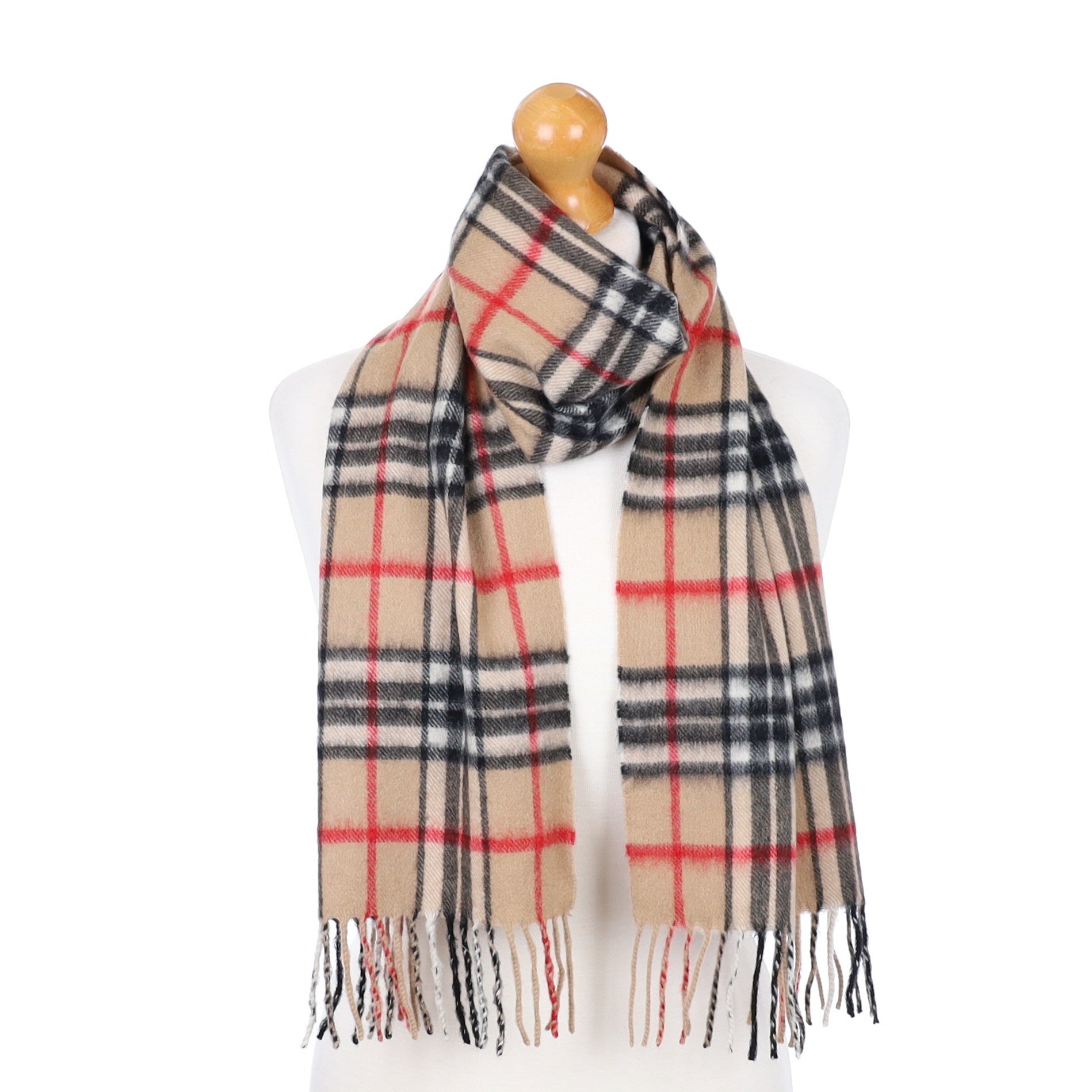 Camel Tartan Fringed Cashmere Woven Scarf