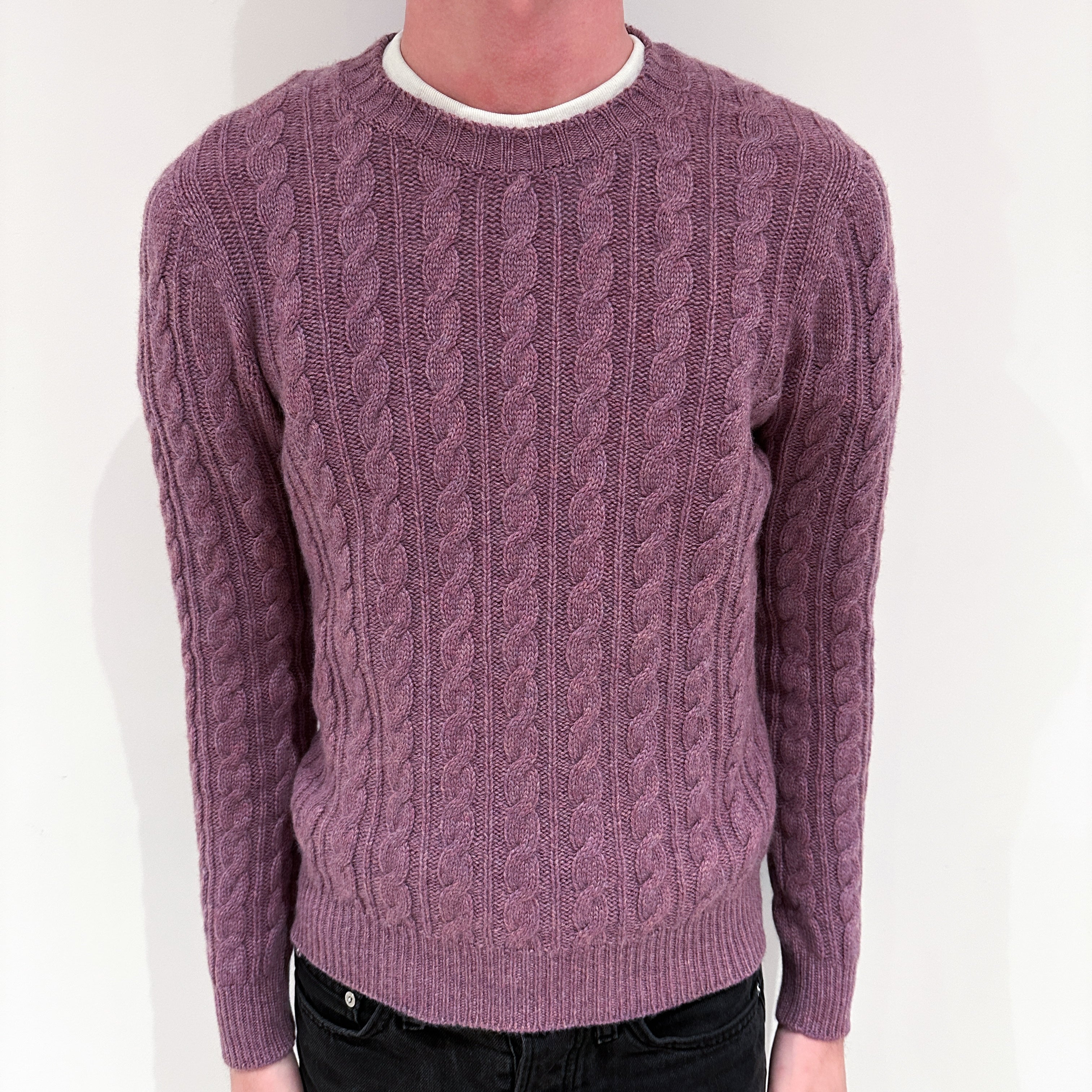 Men's Brand New Scottish Plum Purple Marl Cable Cashmere Crew Neck Jumper Small