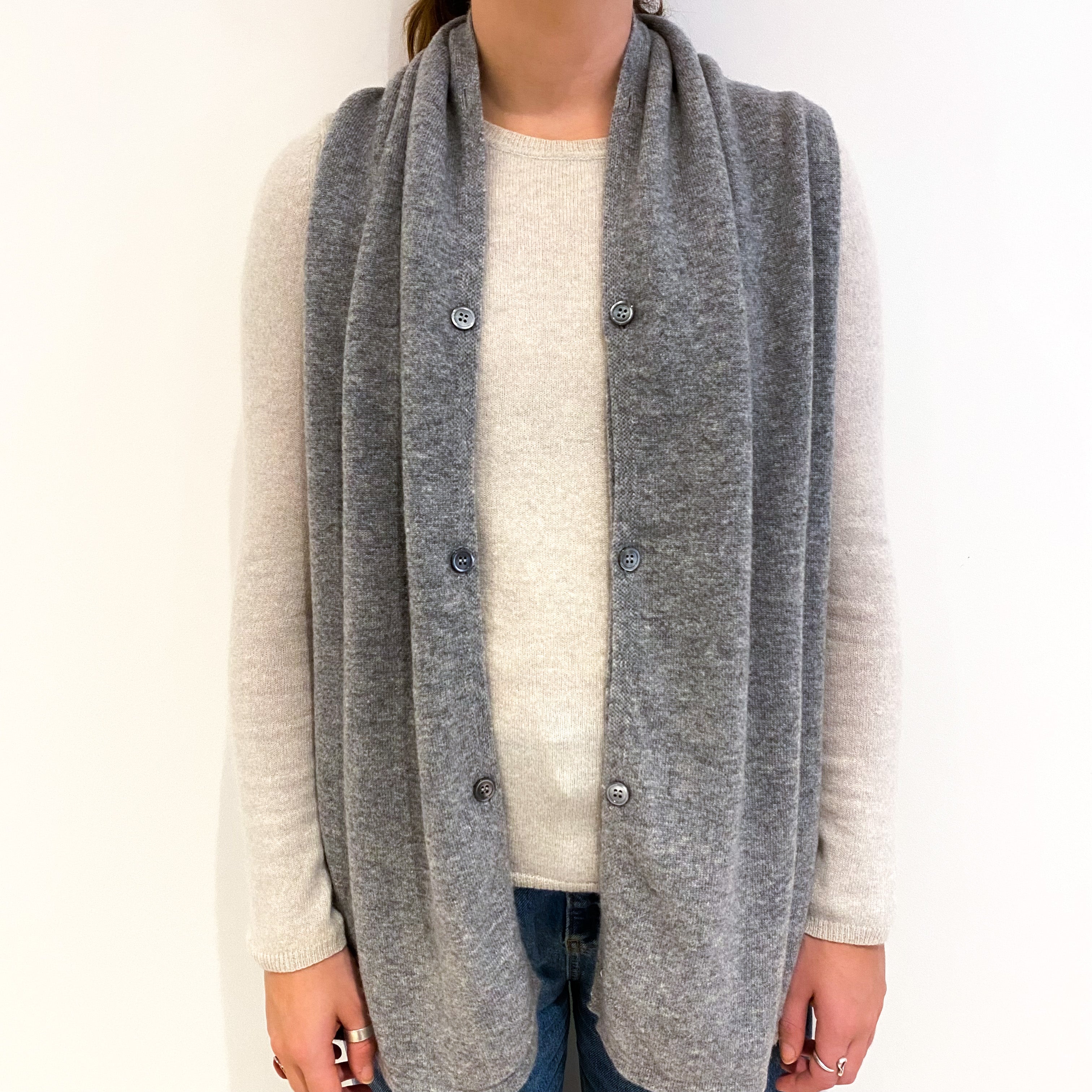 New Scottish Ash Grey Cashmere Buttoned Wrap/Scarf