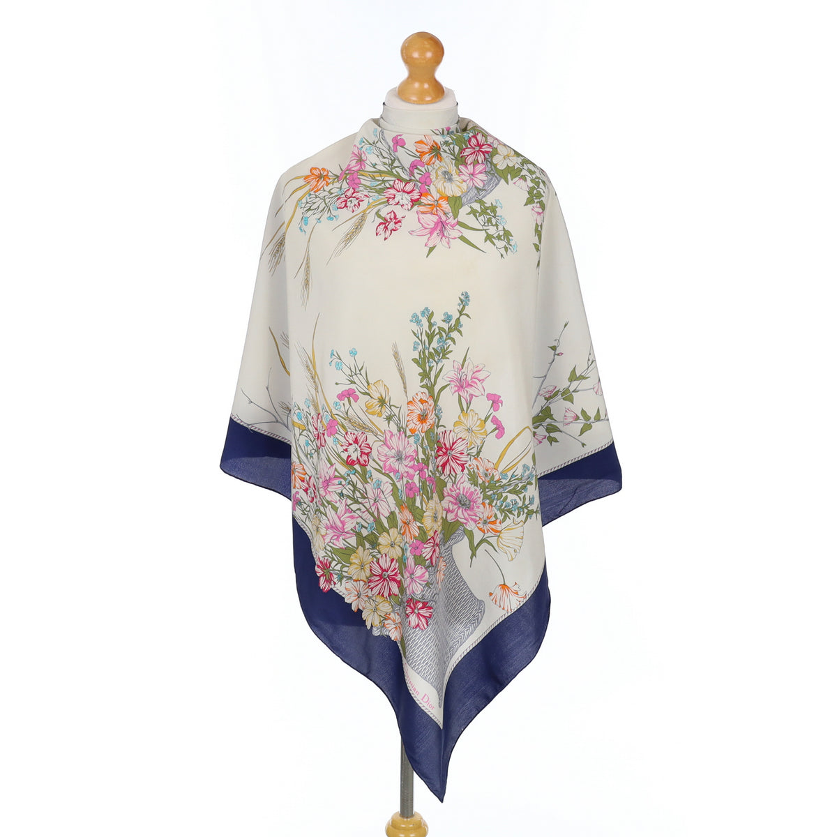 Christian Dior Floral and Navy Vintage Silk Scarf