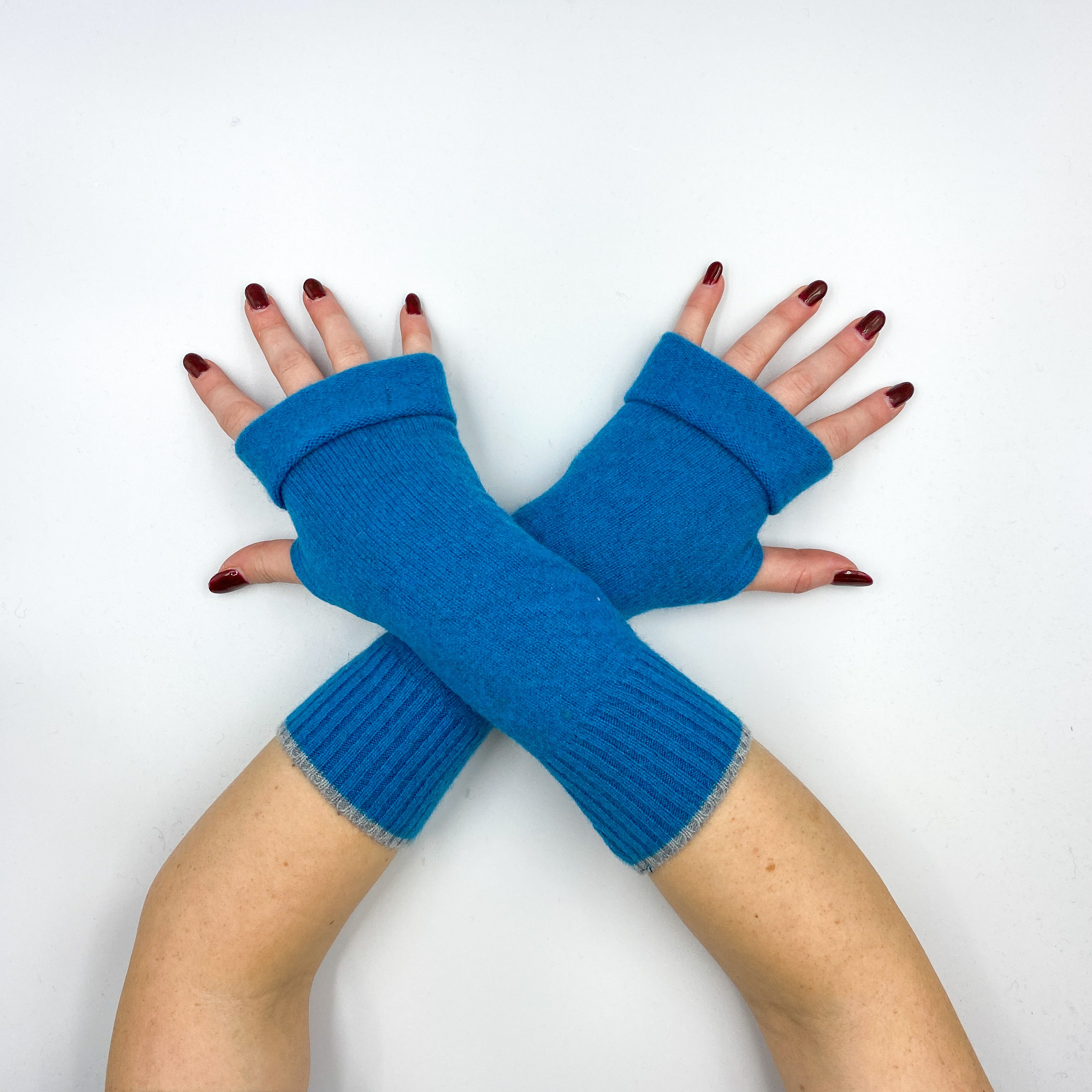 Teal Blue and Grey Fingerless Gloves