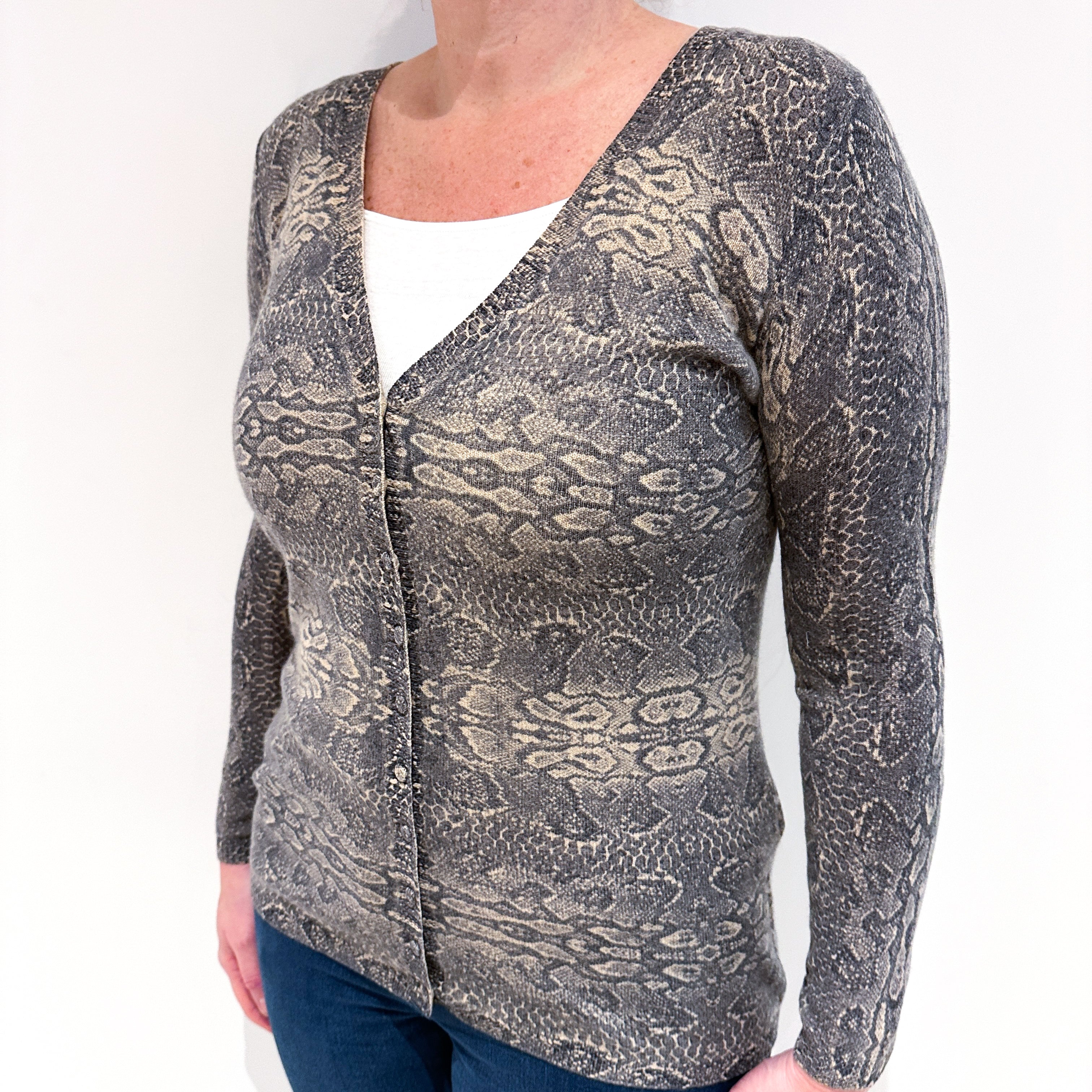 Grey Beige Snake Print Cashmere V-Neck Cardigan Large