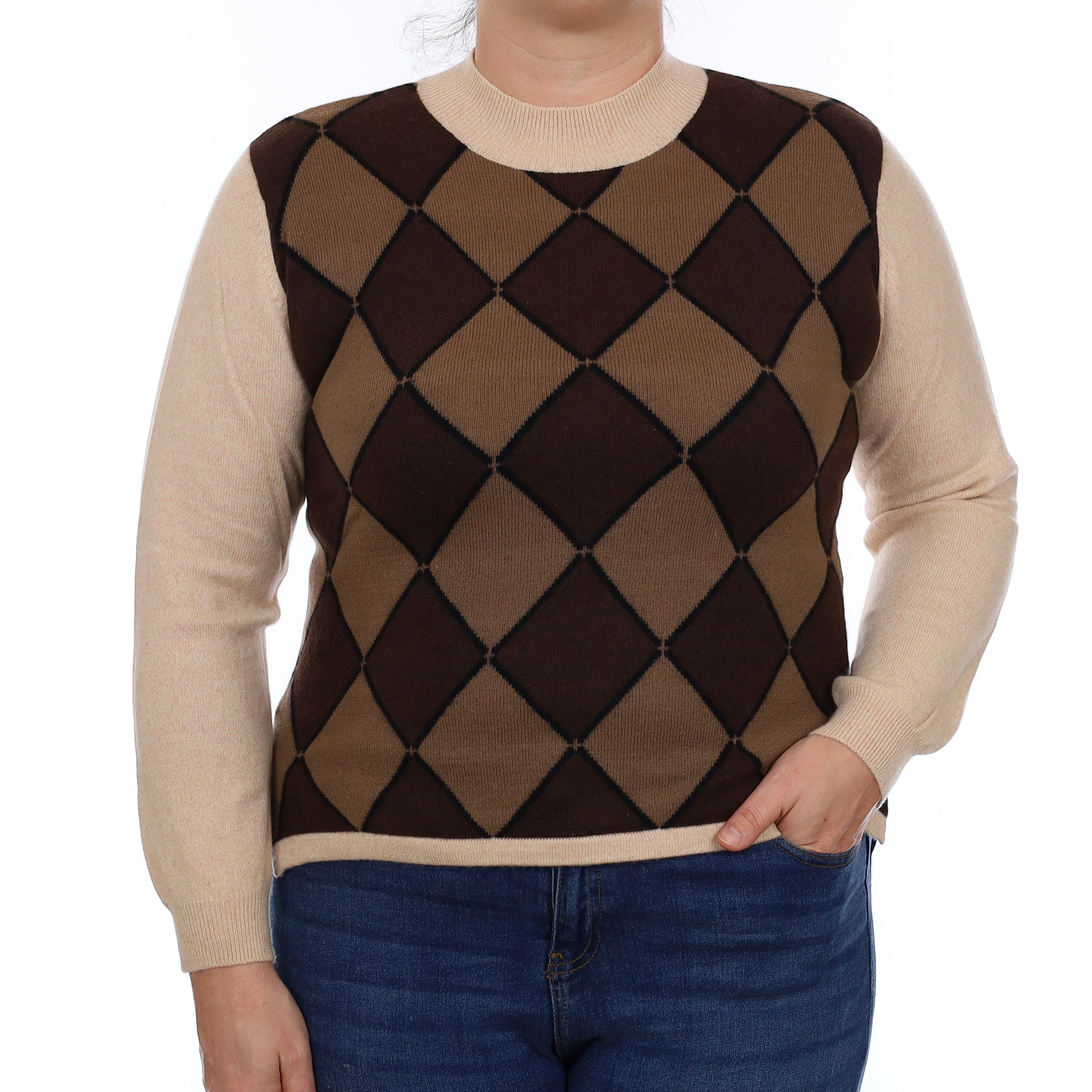 Beige and Brown Diamond Cashmere Turtle Neck Jumper Large