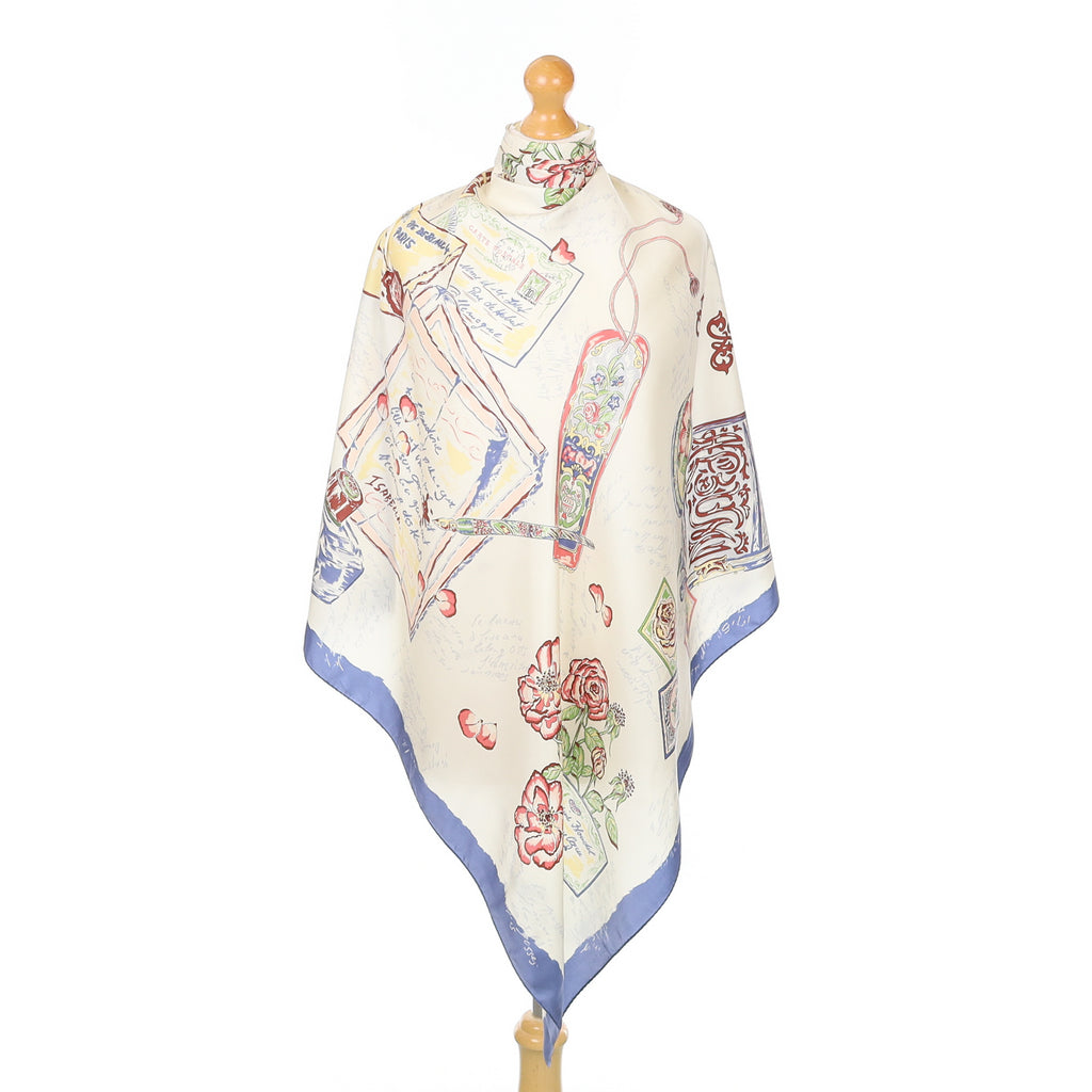 Cream and Blue Illustrated Gift Theme Silk Scarf