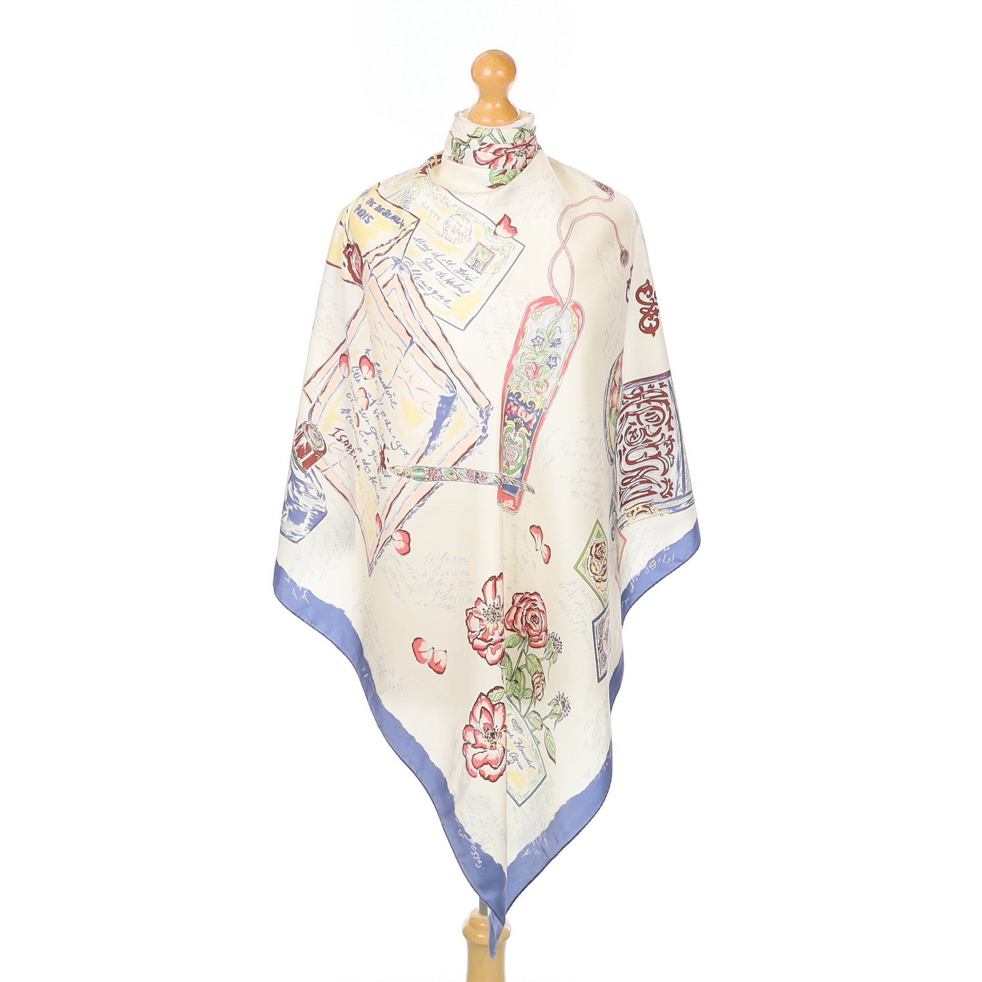 Cream and Blue Illustrated Gift Theme Silk Scarf