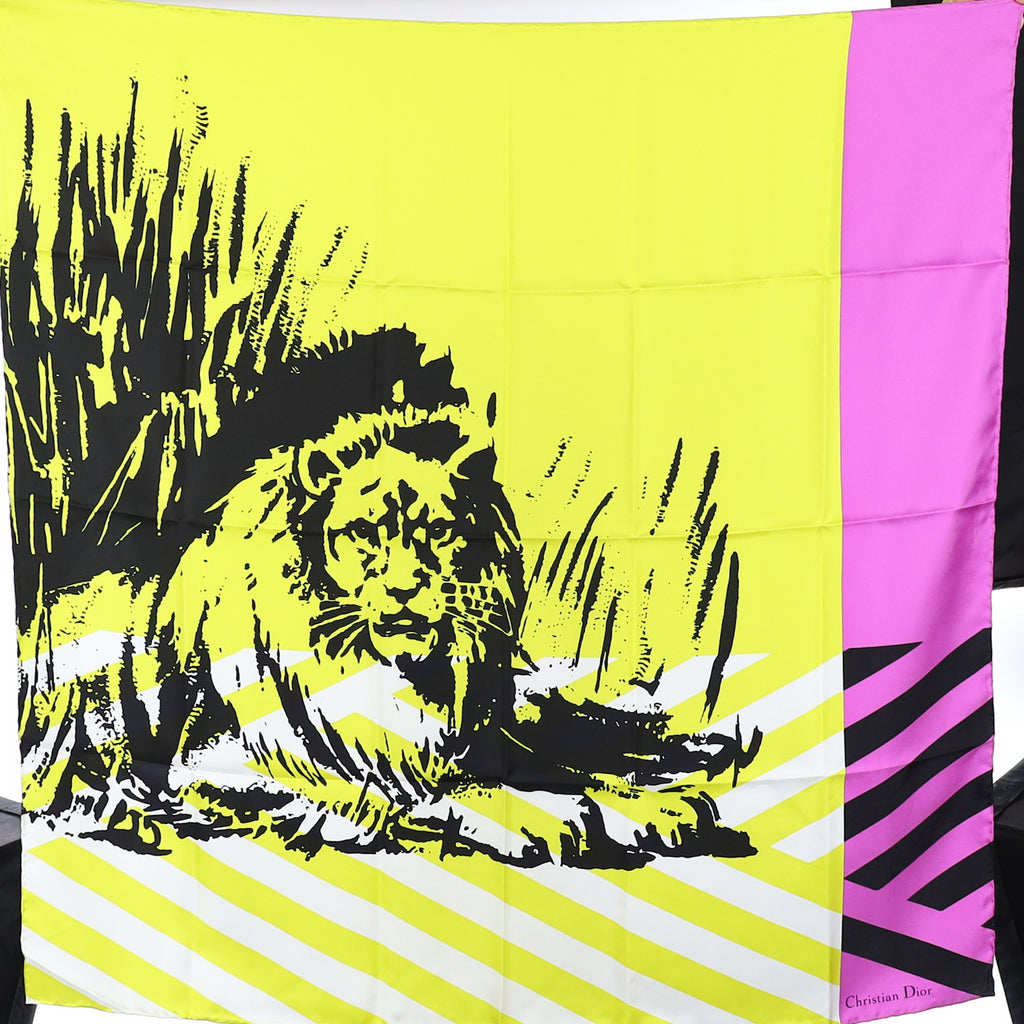 Brand New Christian Dior Yellow and Pink Lion Silk Scarf