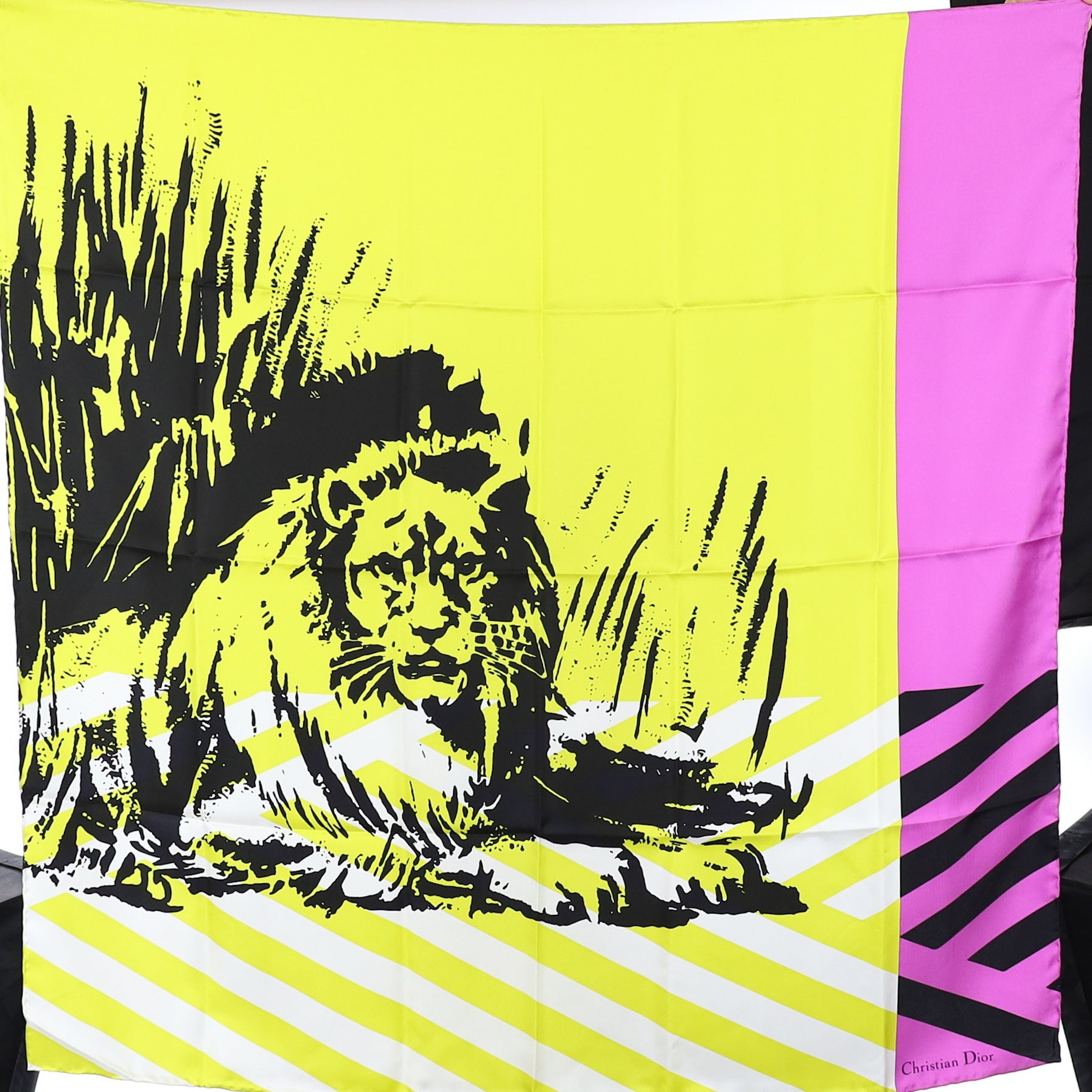 Brand New Christian Dior Yellow and Pink Lion Silk Scarf