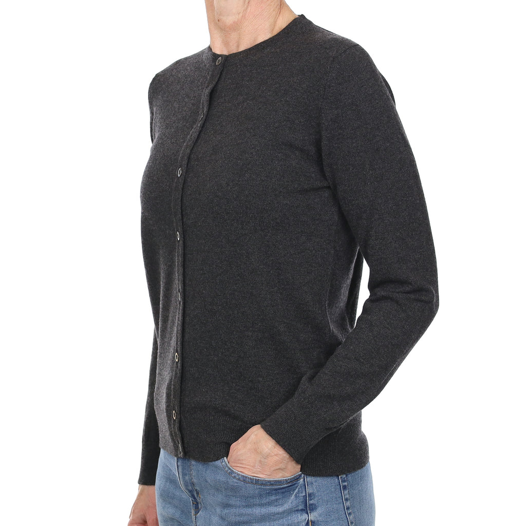 Brand New Scottish Charcoal Grey Cashmere Crew Neck Cardigan Small
