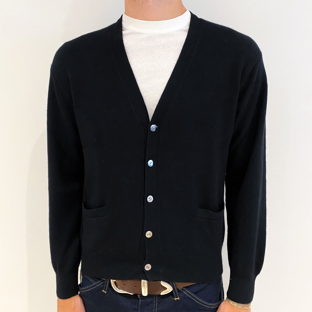 Men's Black Cashmere V-Neck Cardigan with Pockets Medium