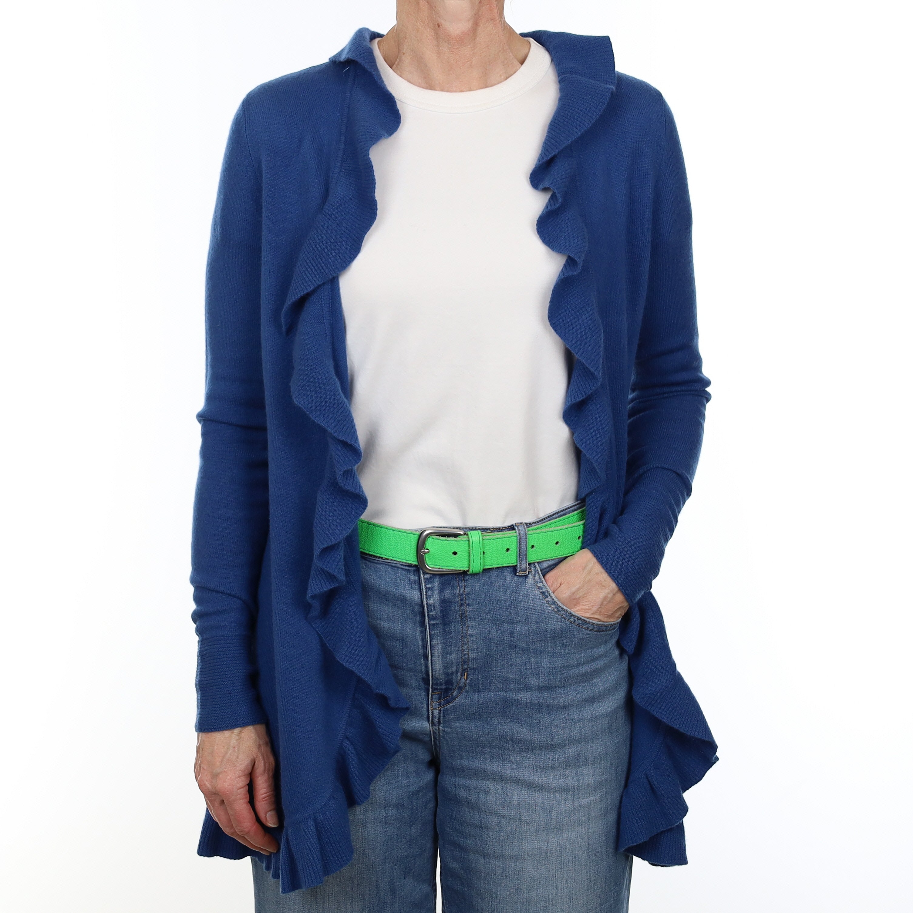 Ocean Blue Cashmere Ruffle Edged Cardigan Small