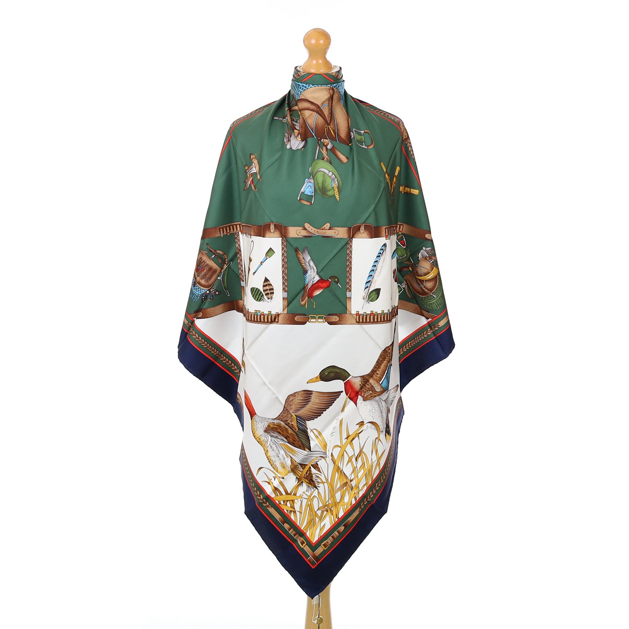 Brand New Gucci Duck Hunt Green and Navy Vintage Silk Scarf
