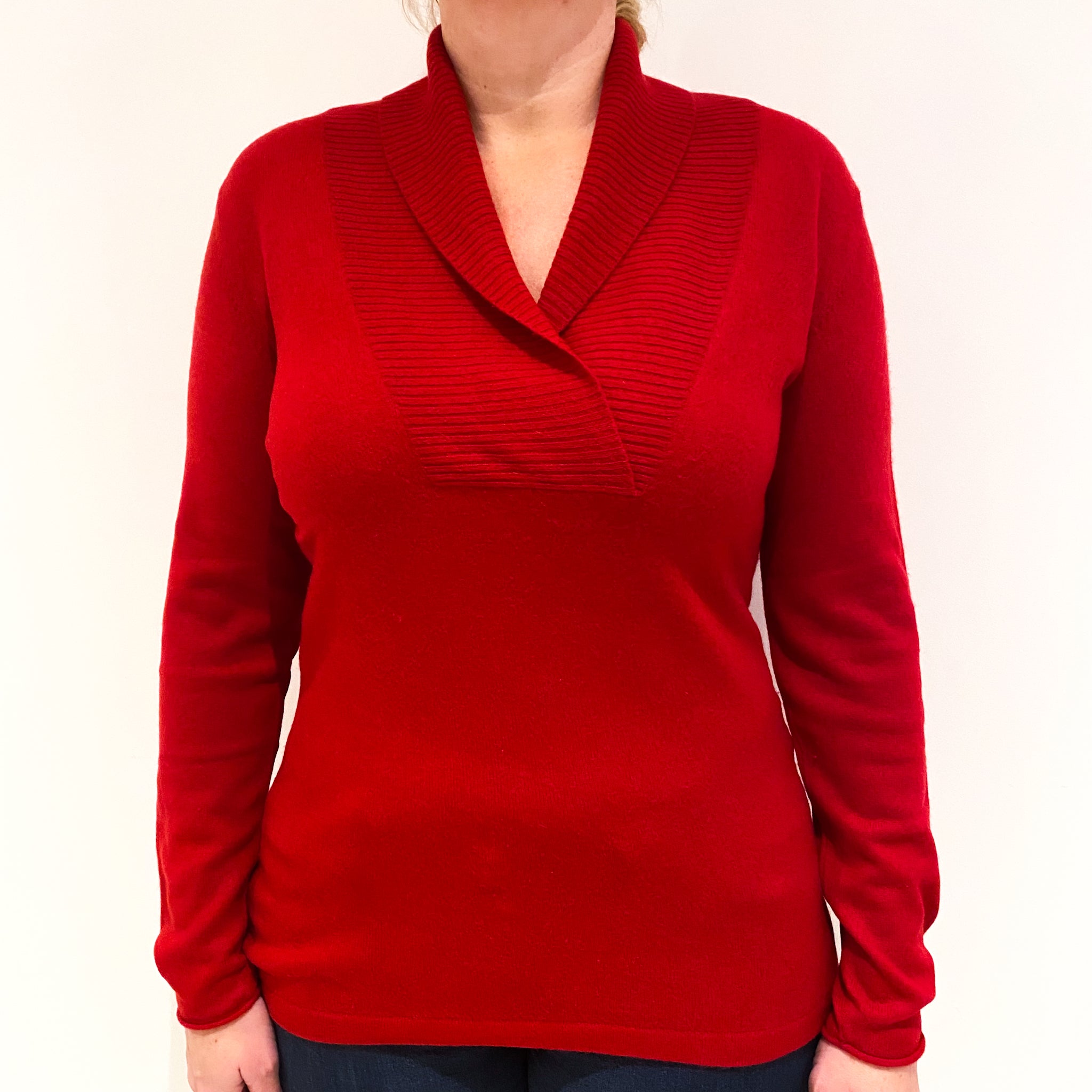Post Box Red Cashmere Shawl Collared V-Neck Jumper Large