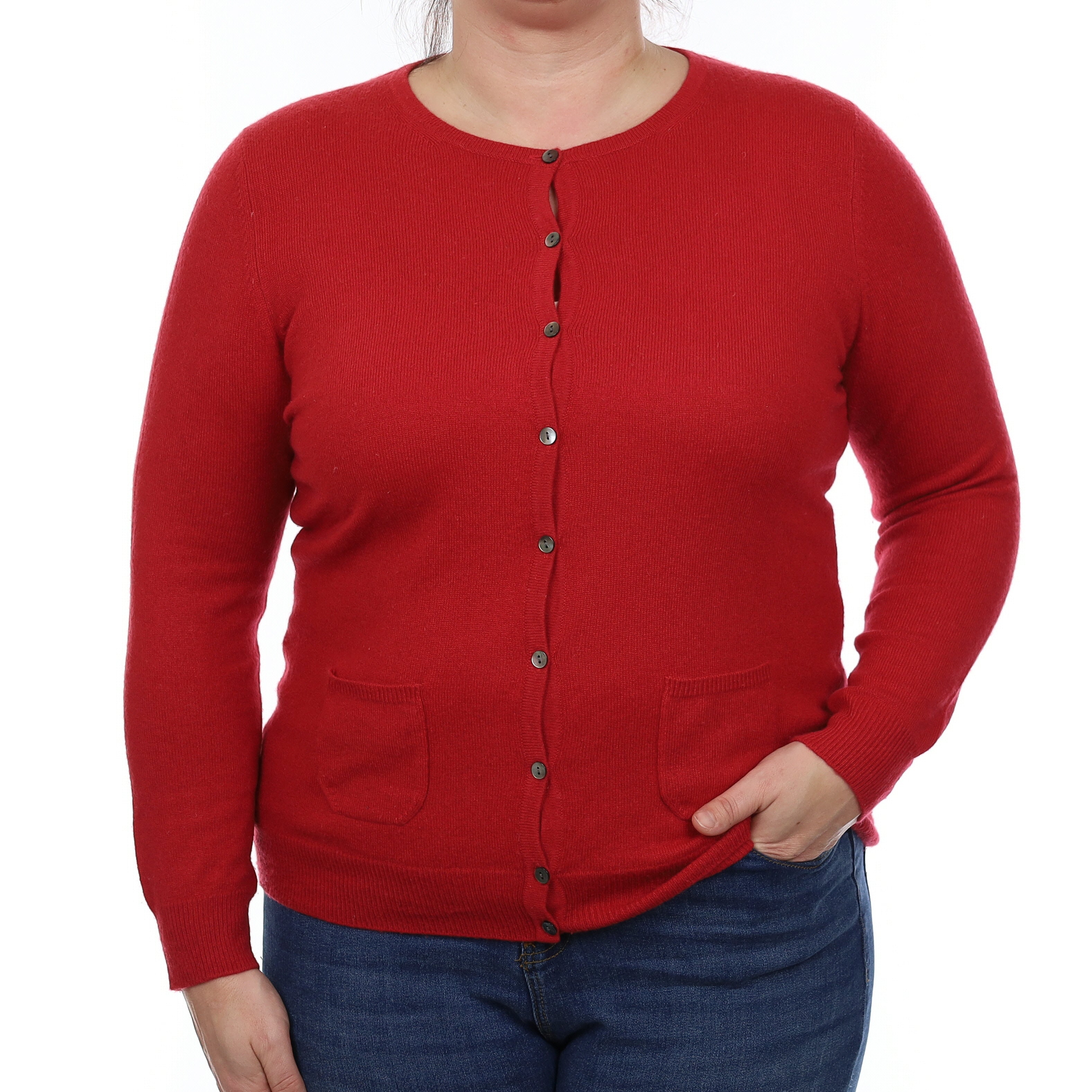 Berry Red Cashmere Crew Neck Cardigan with Pockets Large