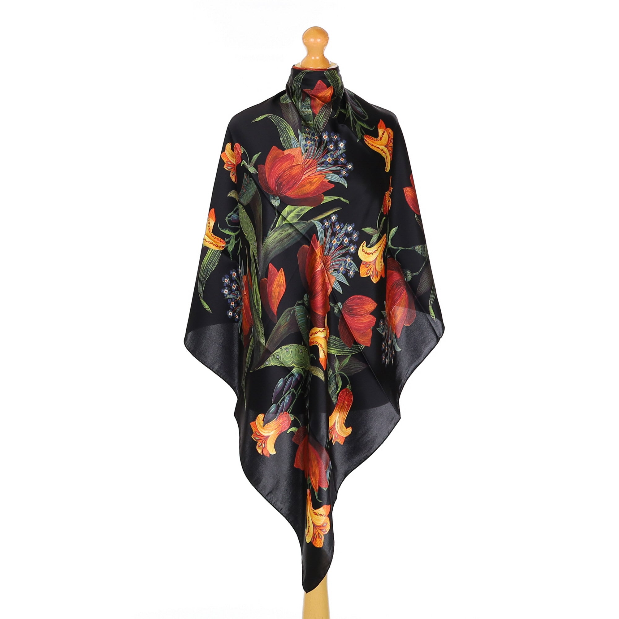 Brand New Italian Black and Rust Floral Silk Scarf