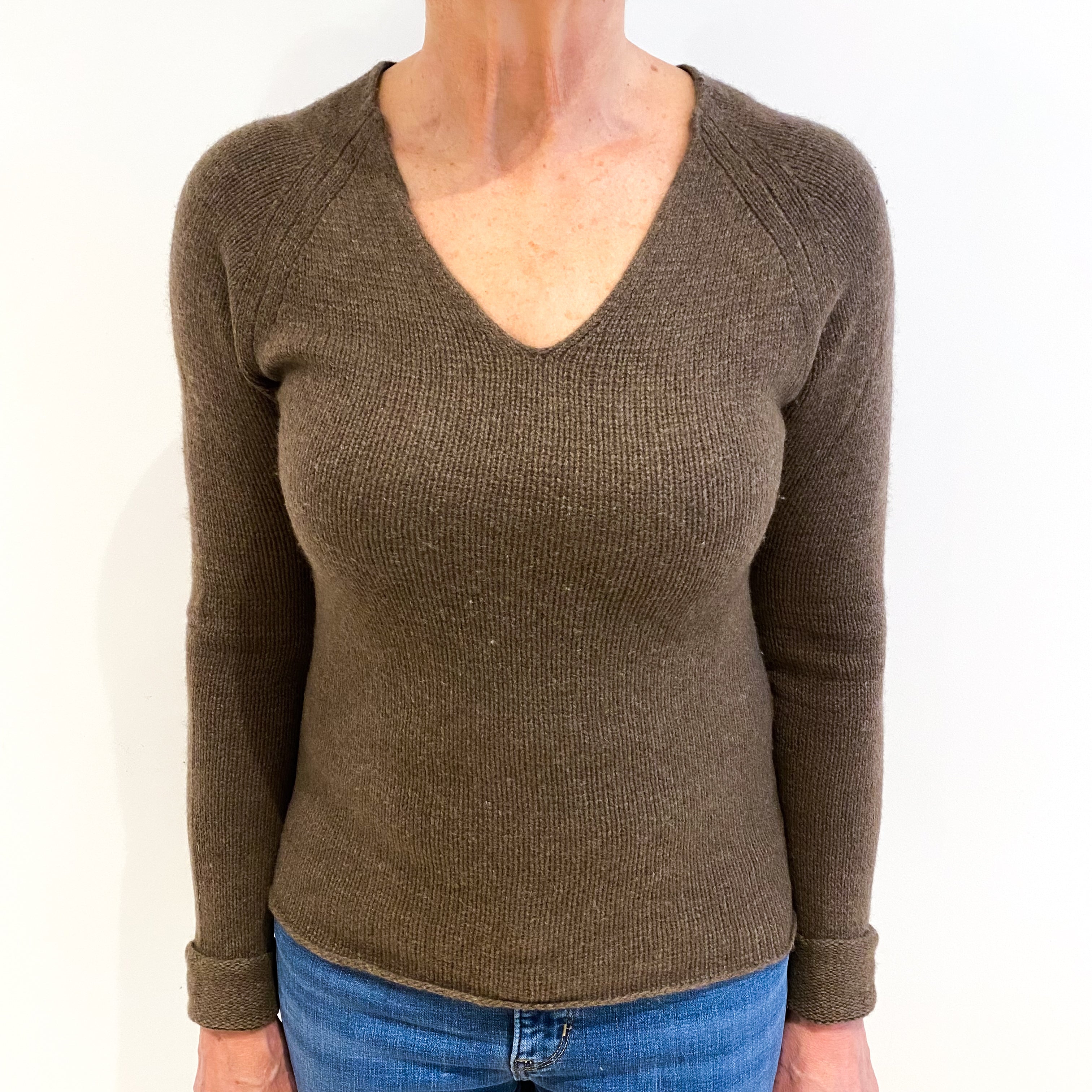 Toffee Brown Cashmere V-Neck Jumper Medium