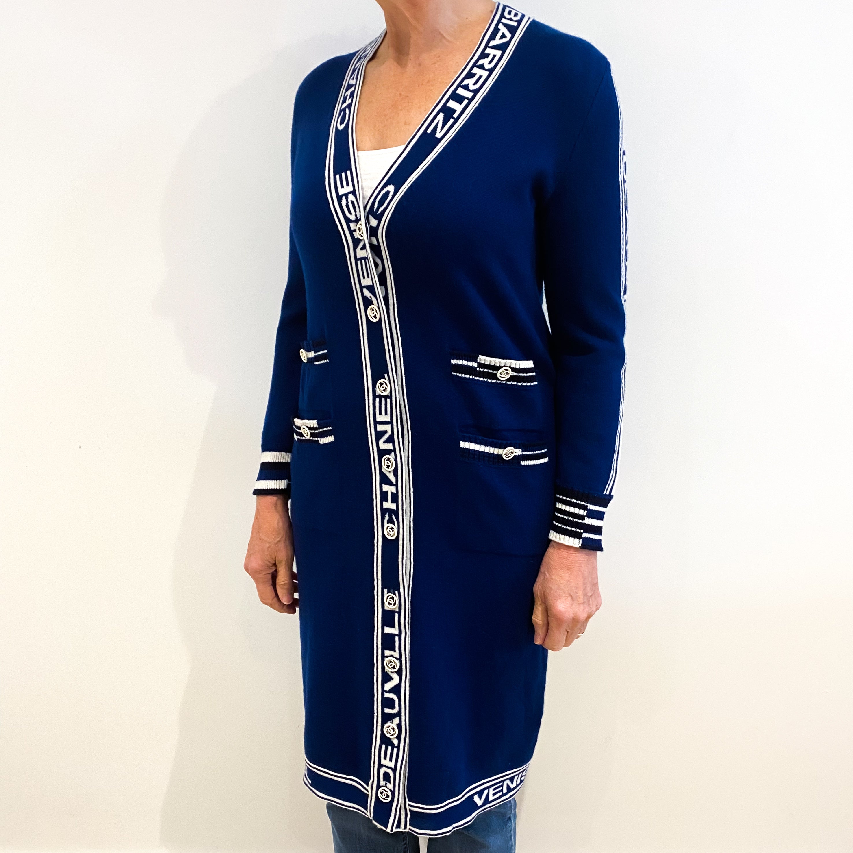 Chanel Deep Blue Longline V Neck Cardigan Coat Medium