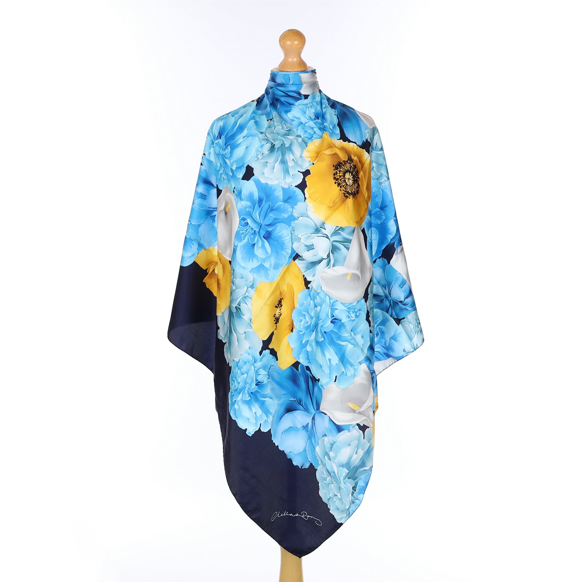 Clelia & Romy Blue And Yellow Floral Silk Scarf