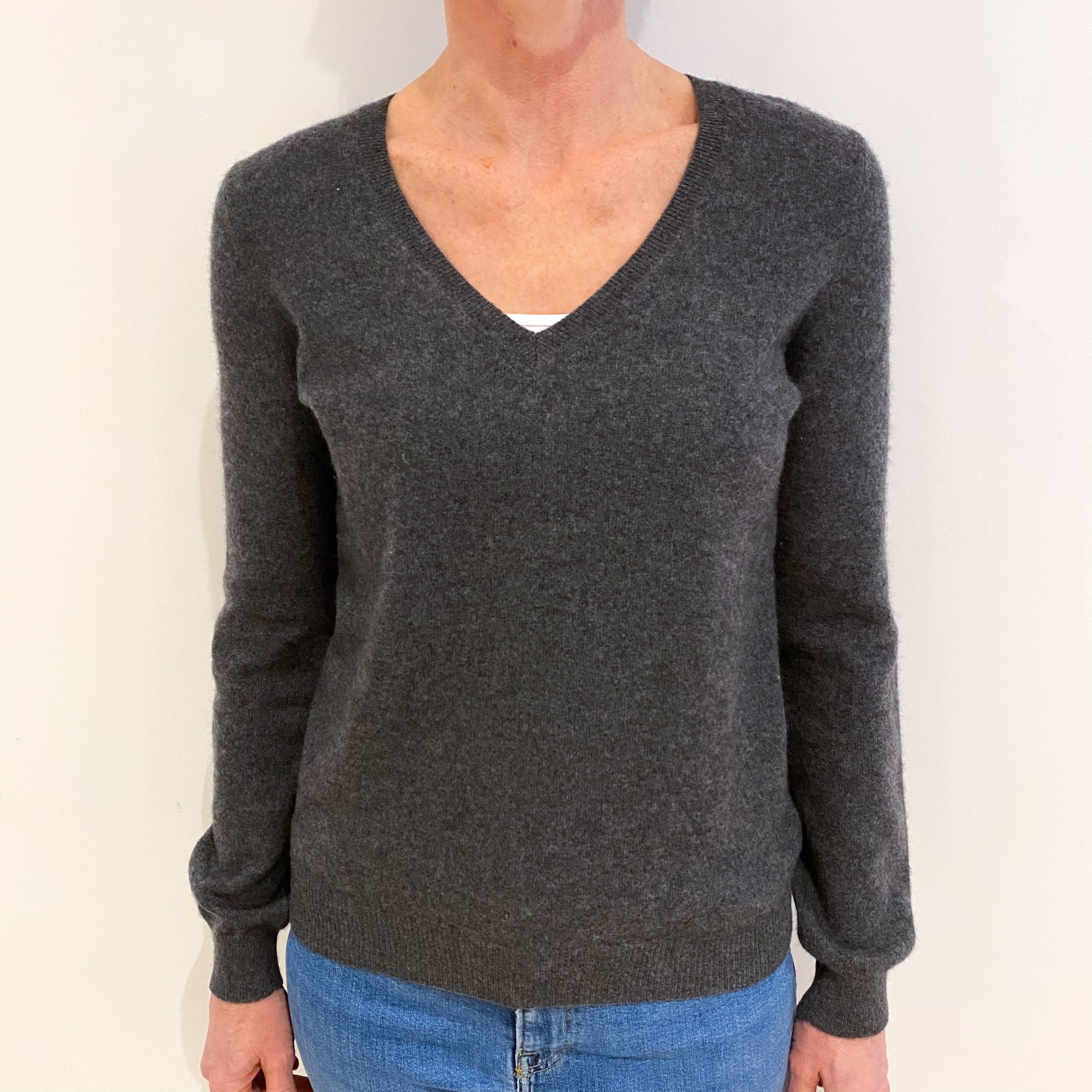 Slate Grey Cashmere V Neck Jumper Small