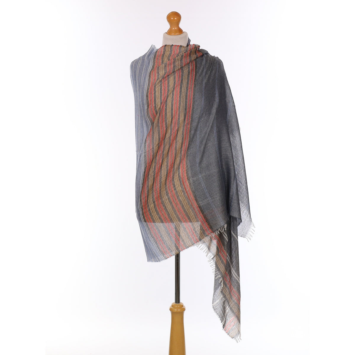 Brand New Begg & Co Denim Blue and Red Stripe Cashmere Woven Wrap