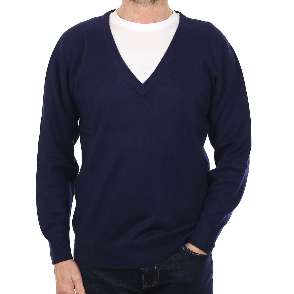 Men's Navy Blue Cashmere V Neck Jumper Small