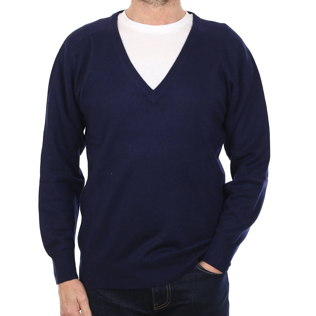 Men's Navy Blue Cashmere V Neck Jumper Small