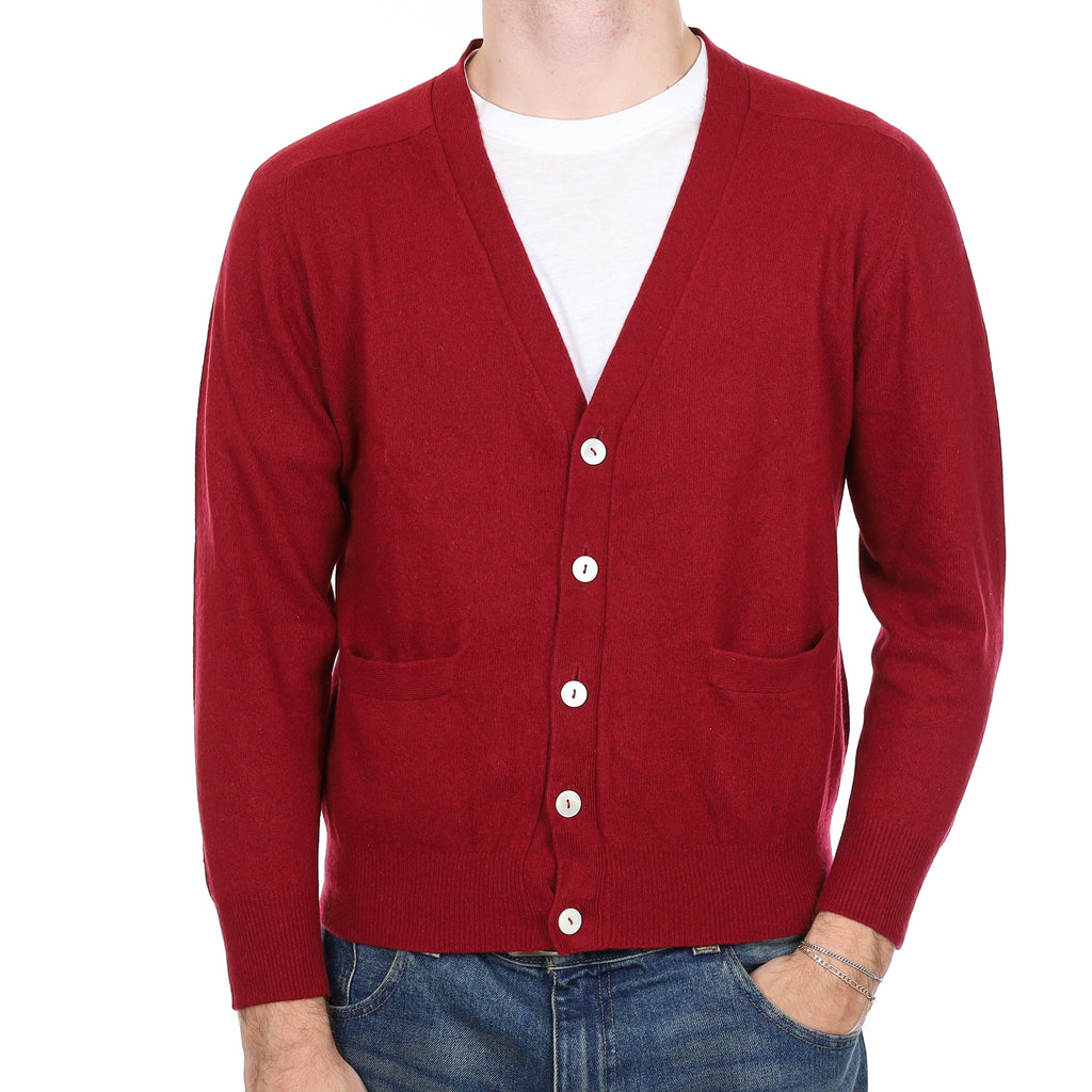 Men’s Crimson Red Cashmere V Neck Cardigan with Pockets Medium