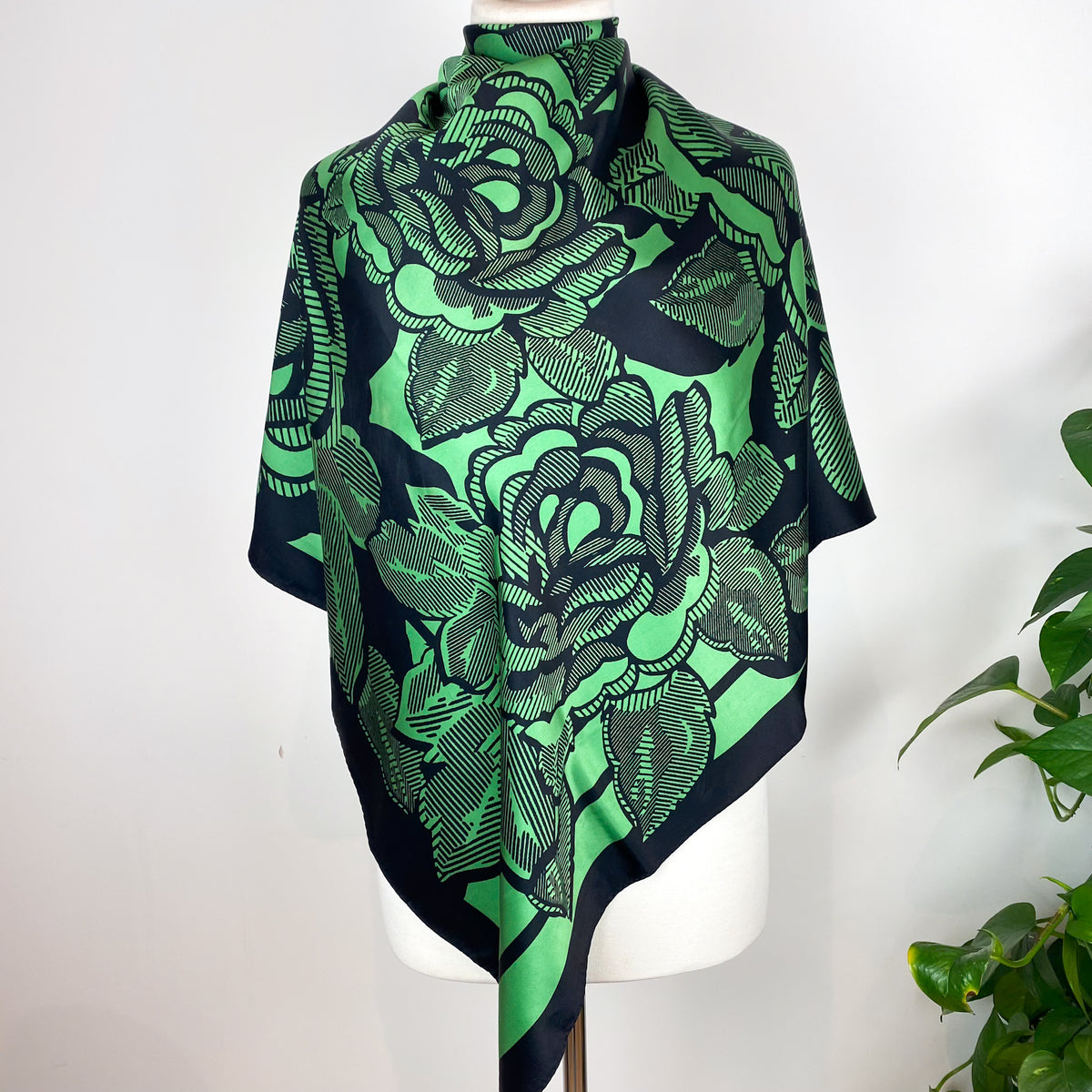 Jaeger Green and Black Abstract Floral Silk Scarf