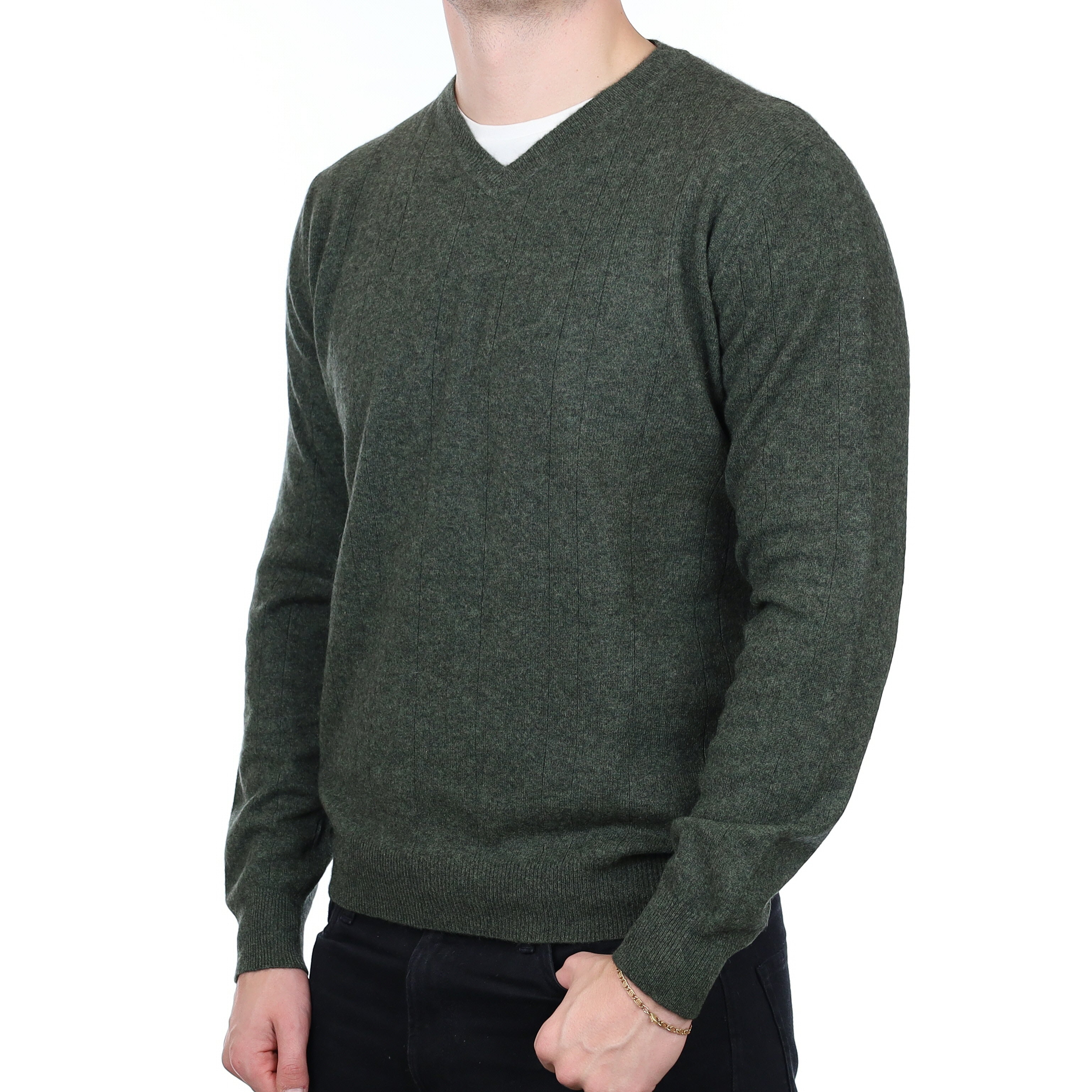 Men’s Khaki Green Striped Knit Cashmere V Neck Jumper Extra Large