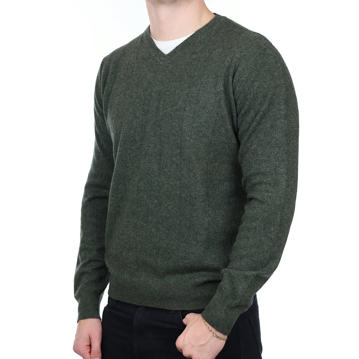 Men’s Khaki Green Striped Knit Cashmere V Neck Jumper Extra Large