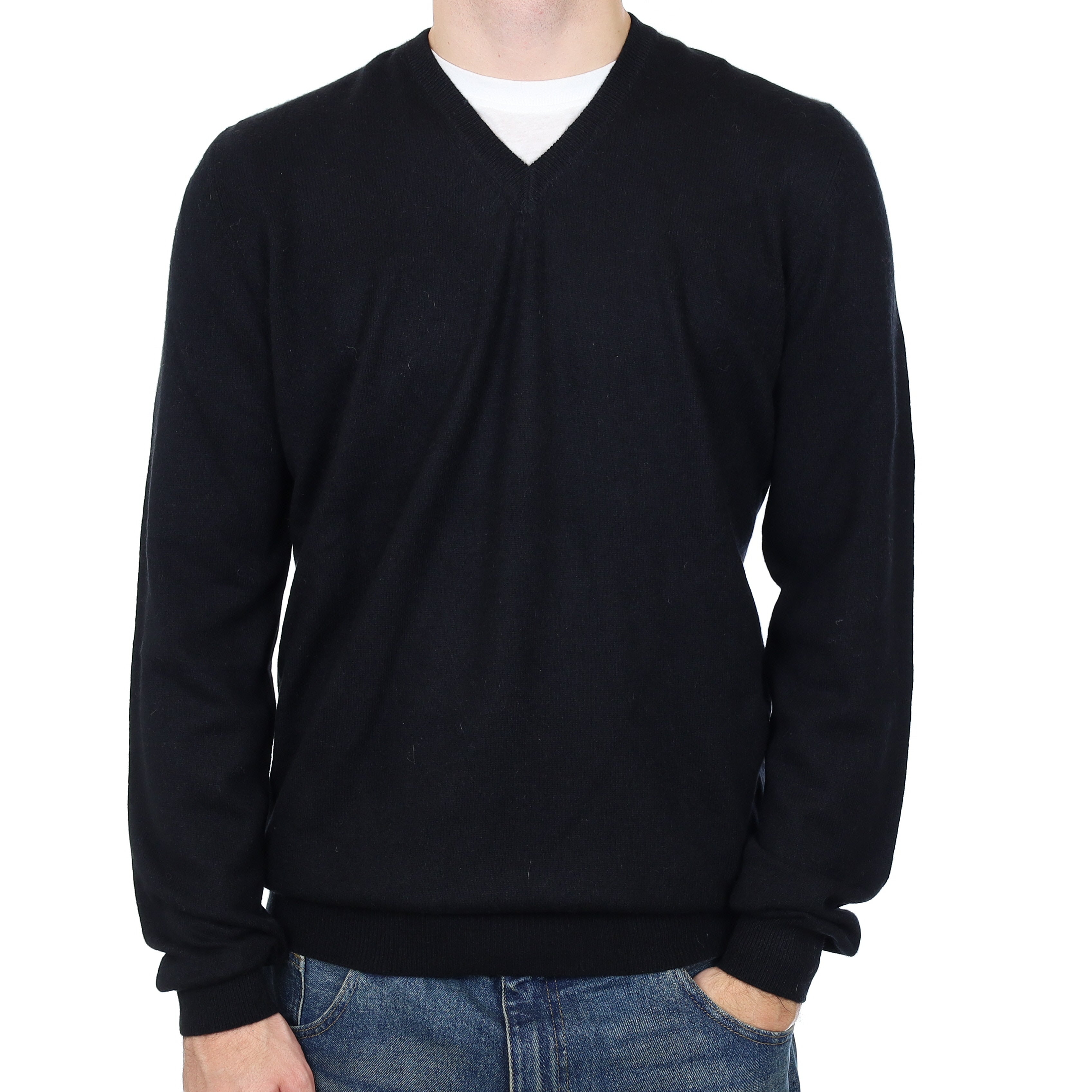 Men’s Black Cashmere V Neck Jumper Large