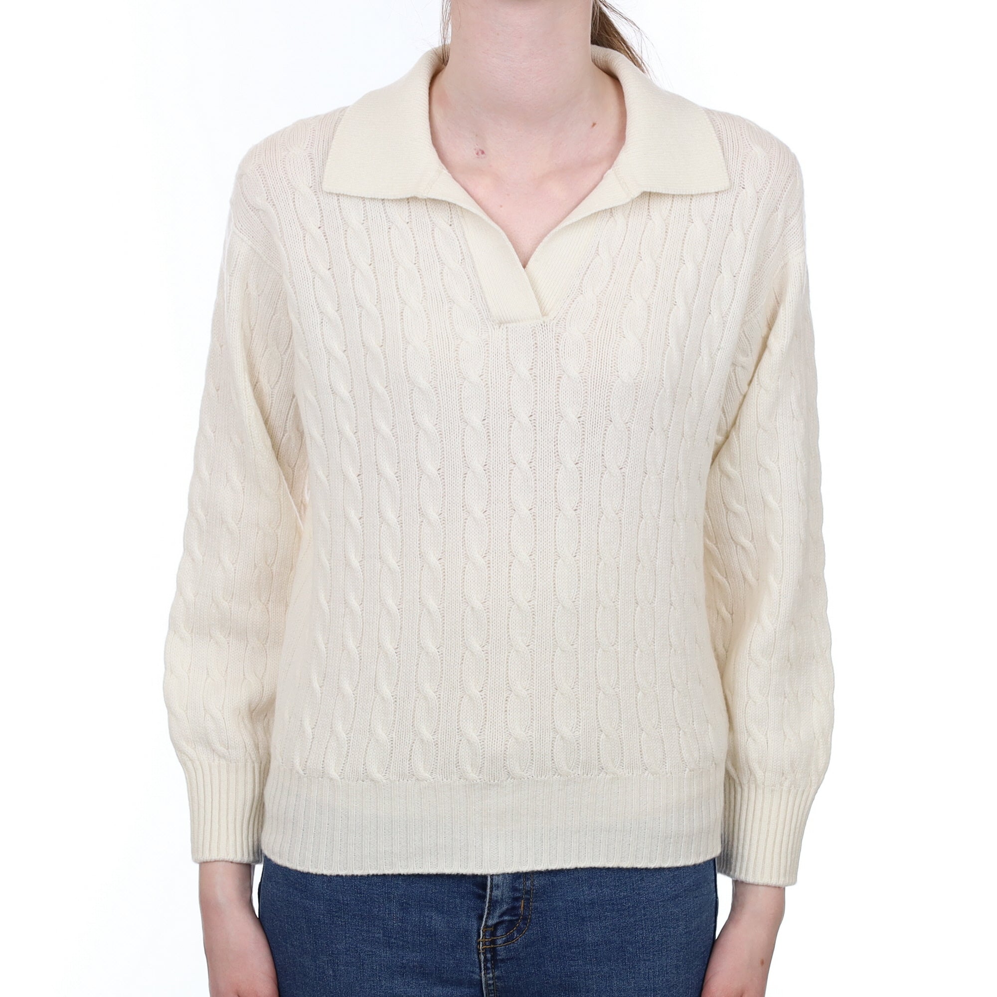 Brand New Scottish Winter White Cable Cashmere Collared V Neck Jumper Extra Small