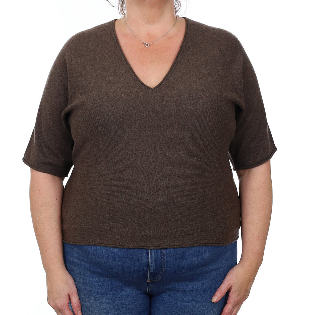 Mole Brown Cashmere Short Sleeved V Neck Jumper XL