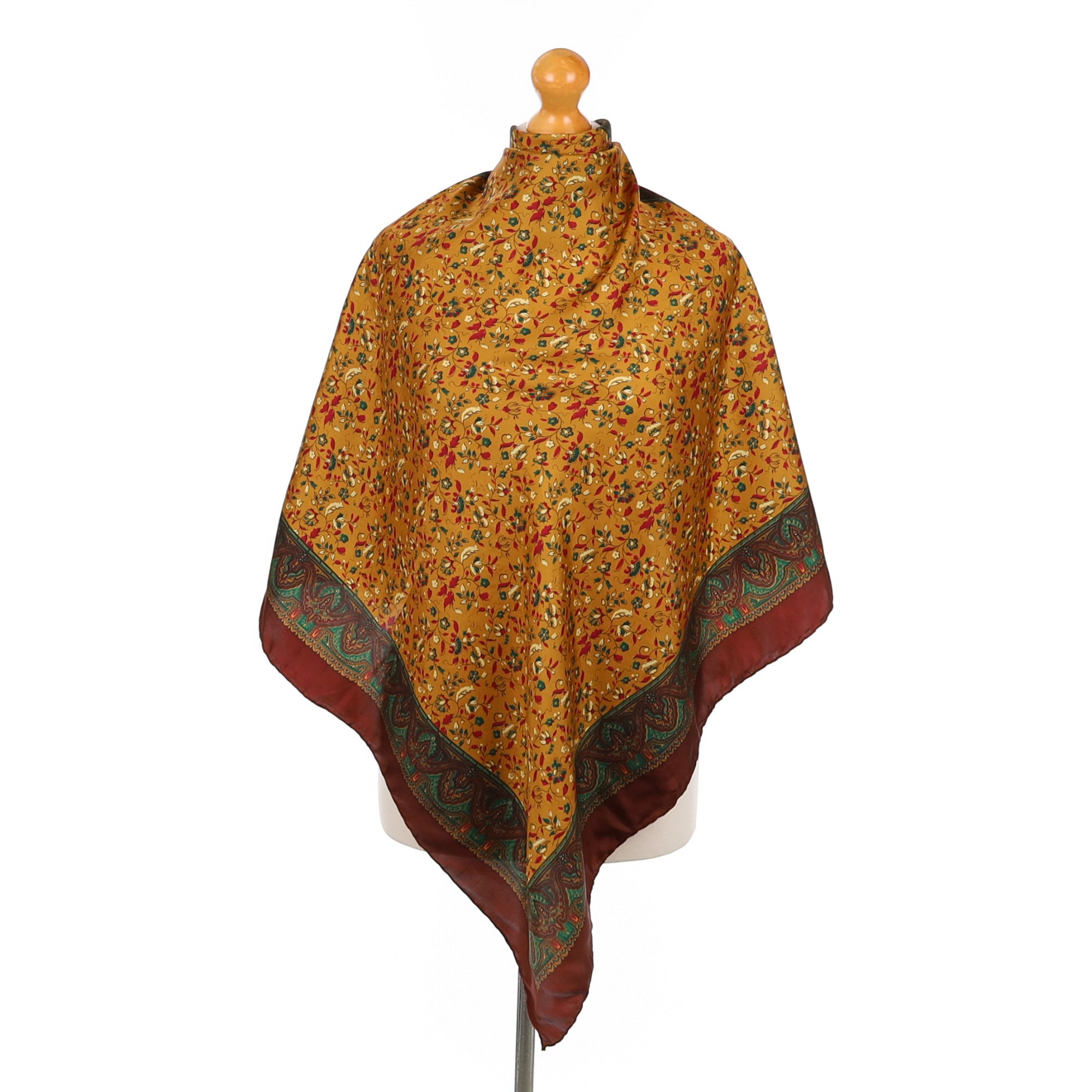 Deep Reds, Green and Mustard Vintage Silk Scarf