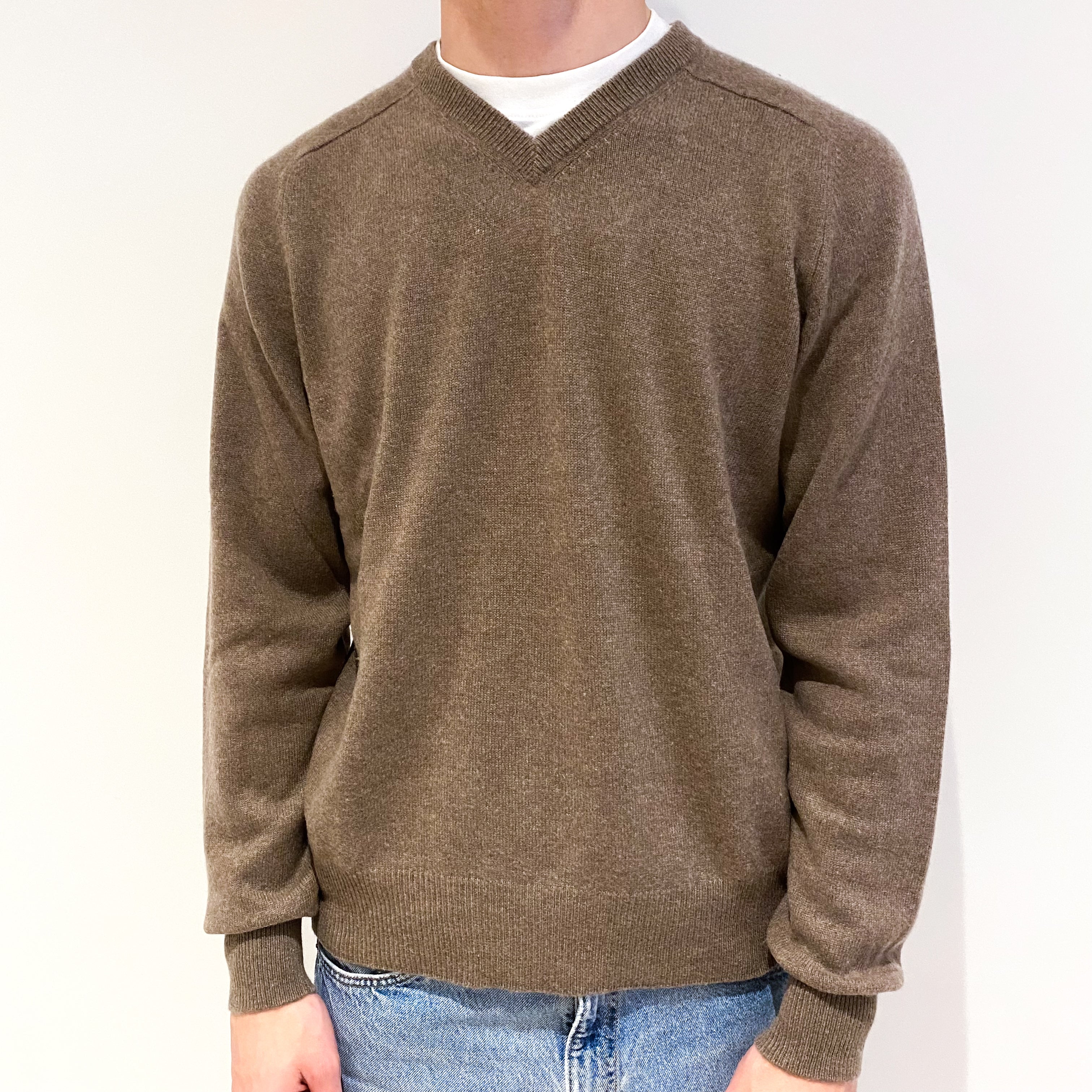 Men's Taupe Brown Cashmere V-Neck Jumper Medium