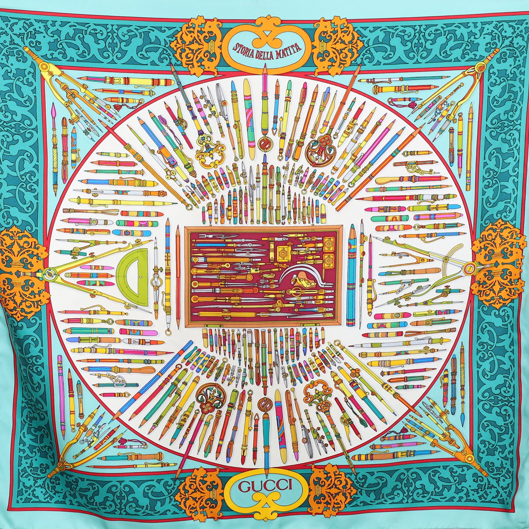 Gucci Stationery Themed Teal Silk Scarf