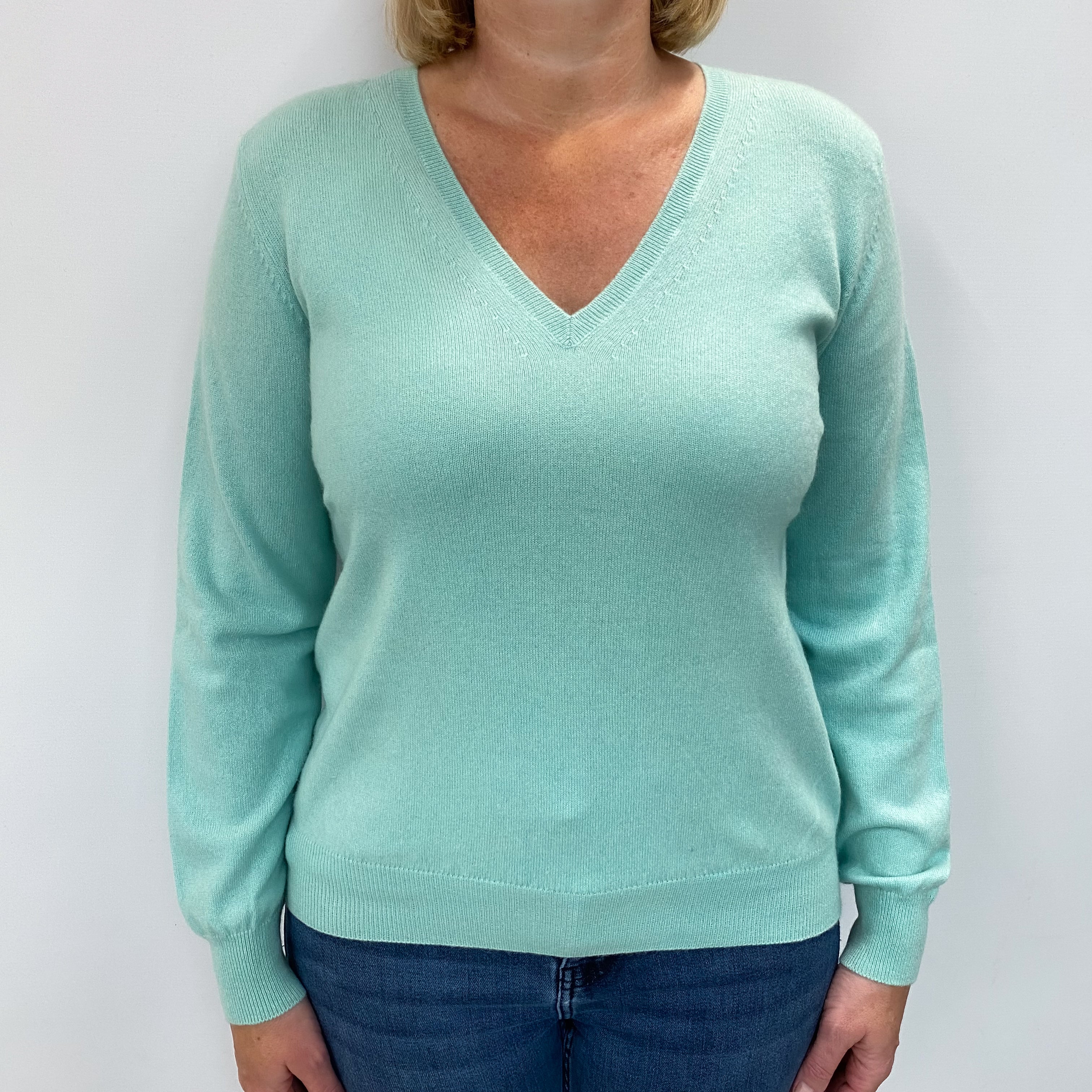 Deep Mint Cashmere V Neck Jumper Large
