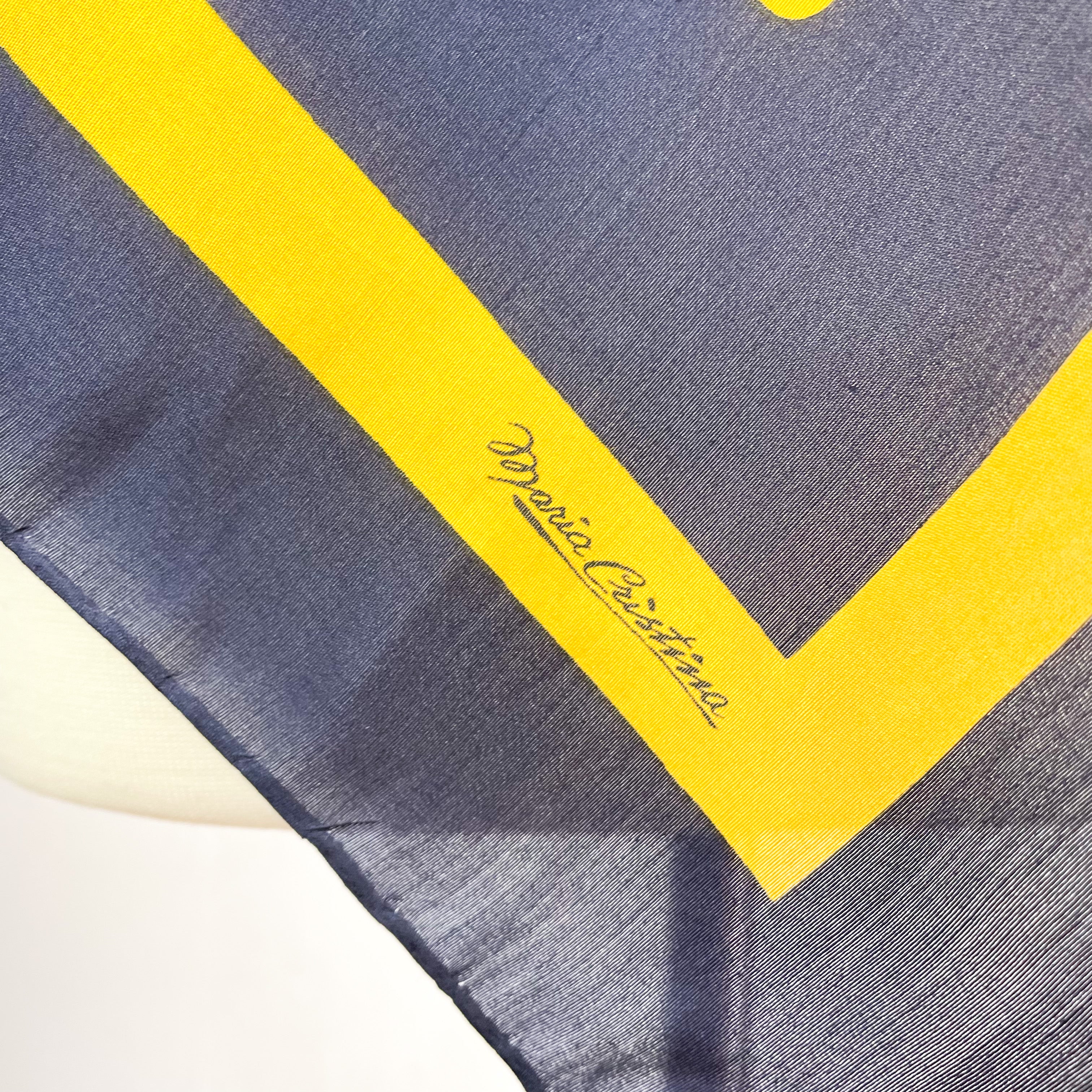 Large Italian Navy and Yellow Design Vintage Silk Scarf