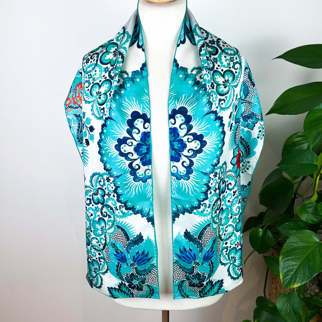 Turquoise Floral Long Silk Scarf