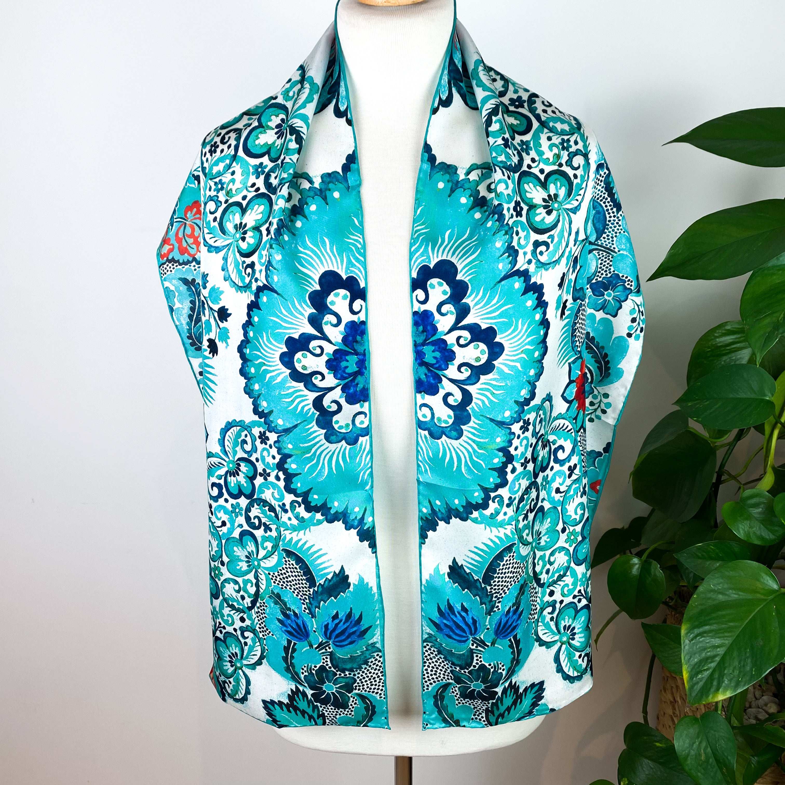 Turquoise Floral Long Silk Scarf