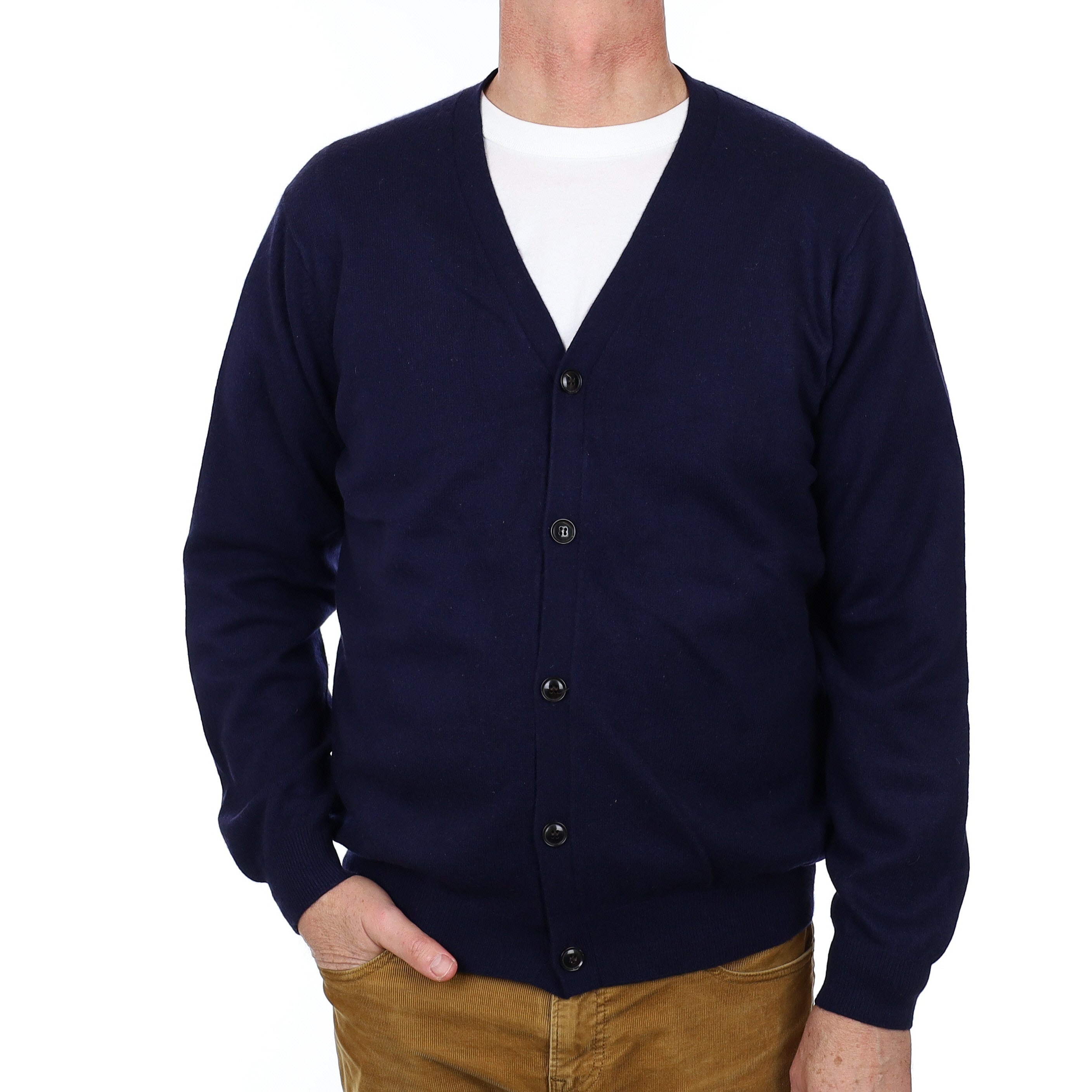 Men’s Navy Blue Cashmere V Neck Cardigan Extra Large