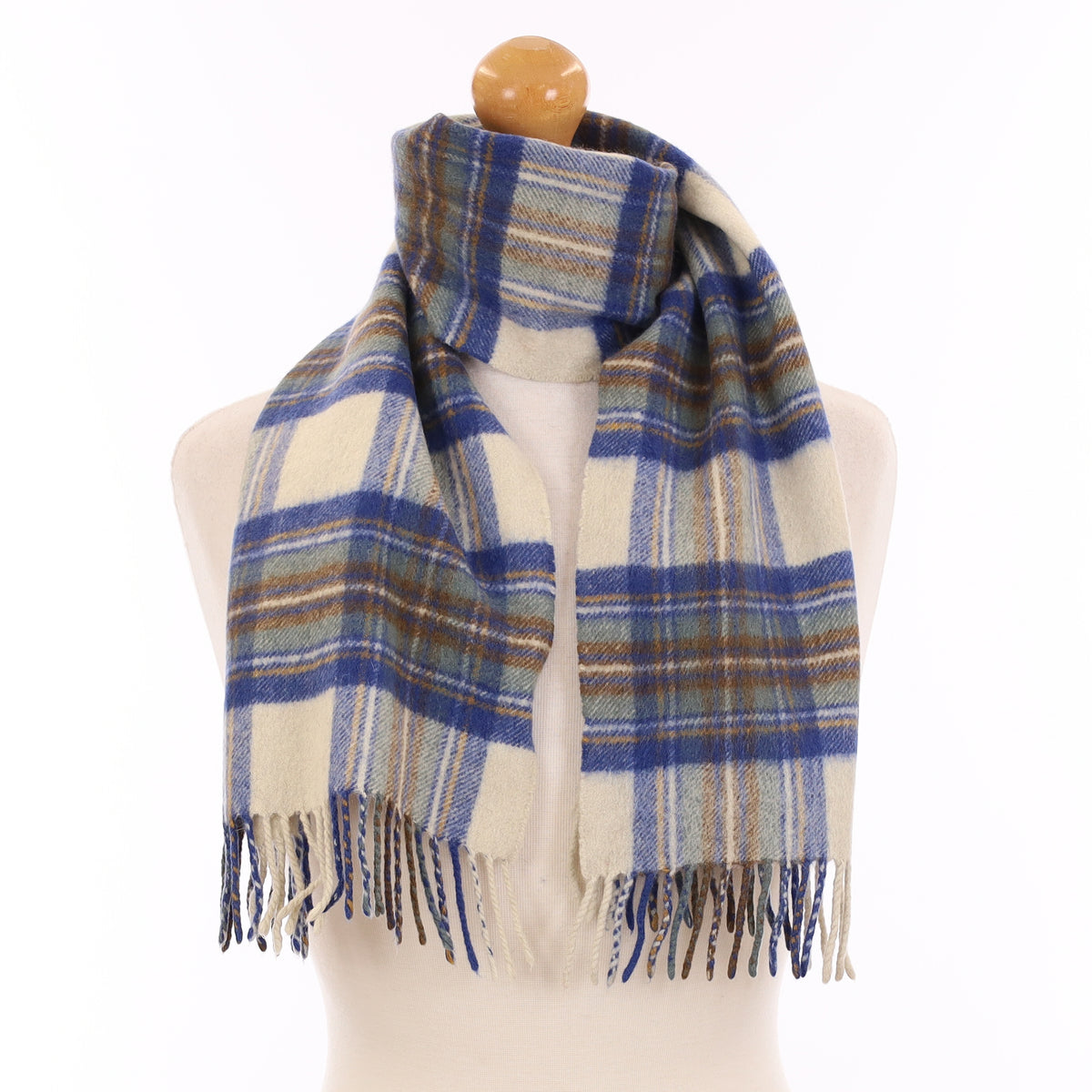 Scottish Blue & Ivory Plaid Cashmere Woven Scarf