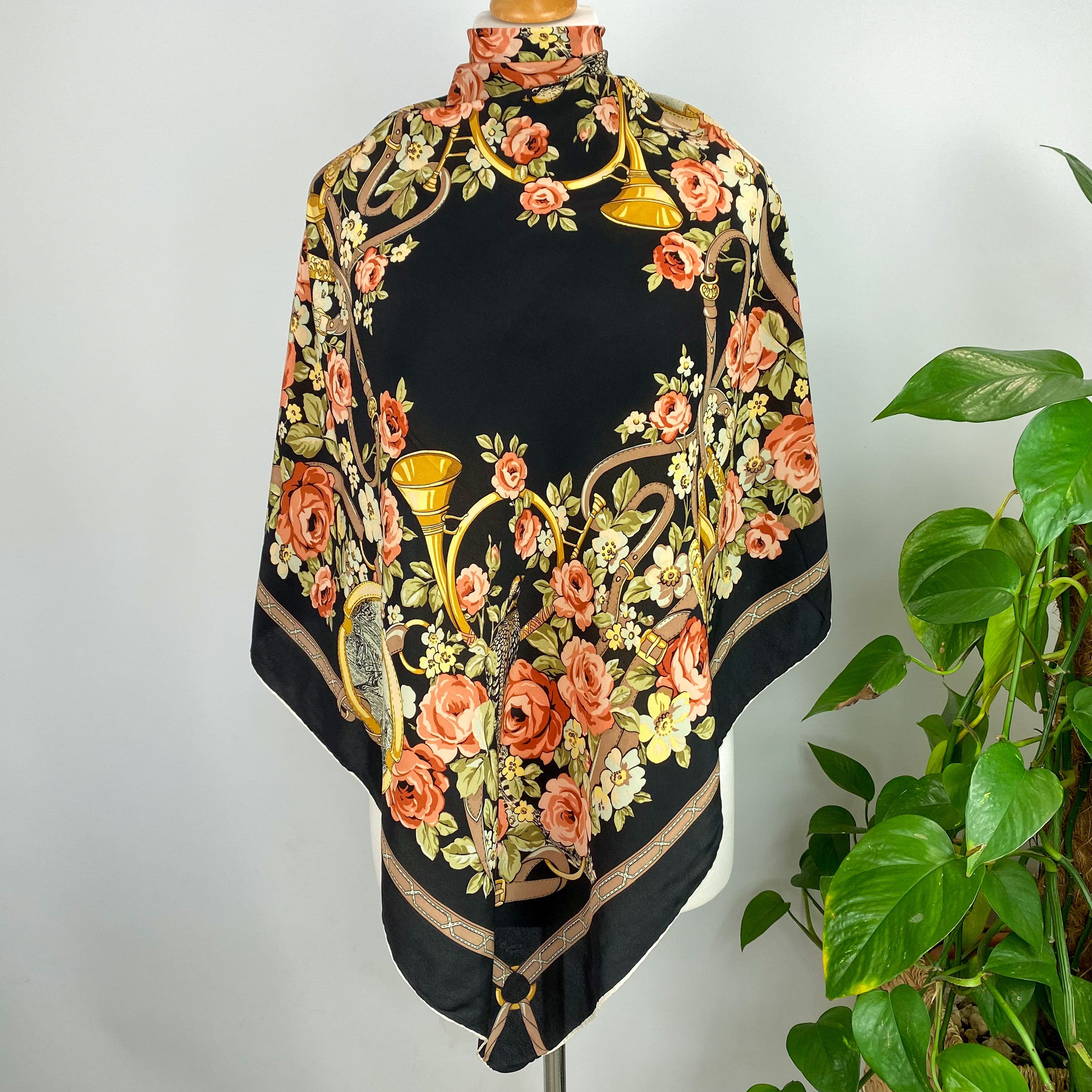 Black and Floral Silk Scarf