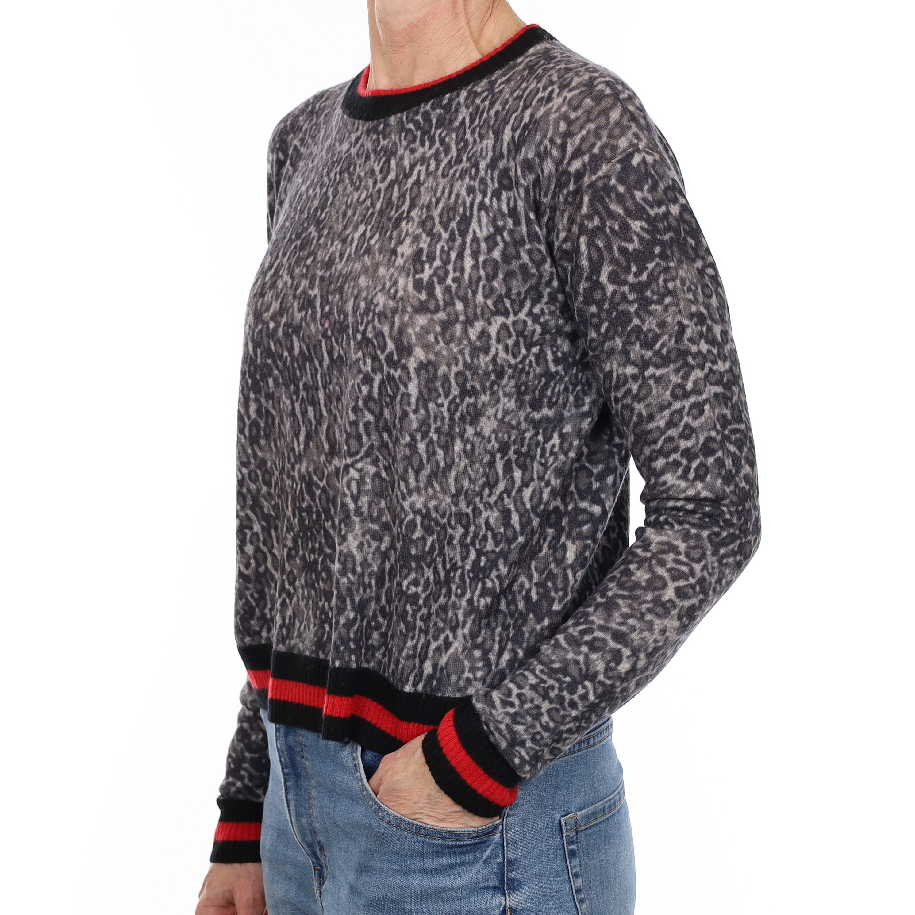 Grey Leopard Print Fine knit Cashmere Crew Neck Jumper Small